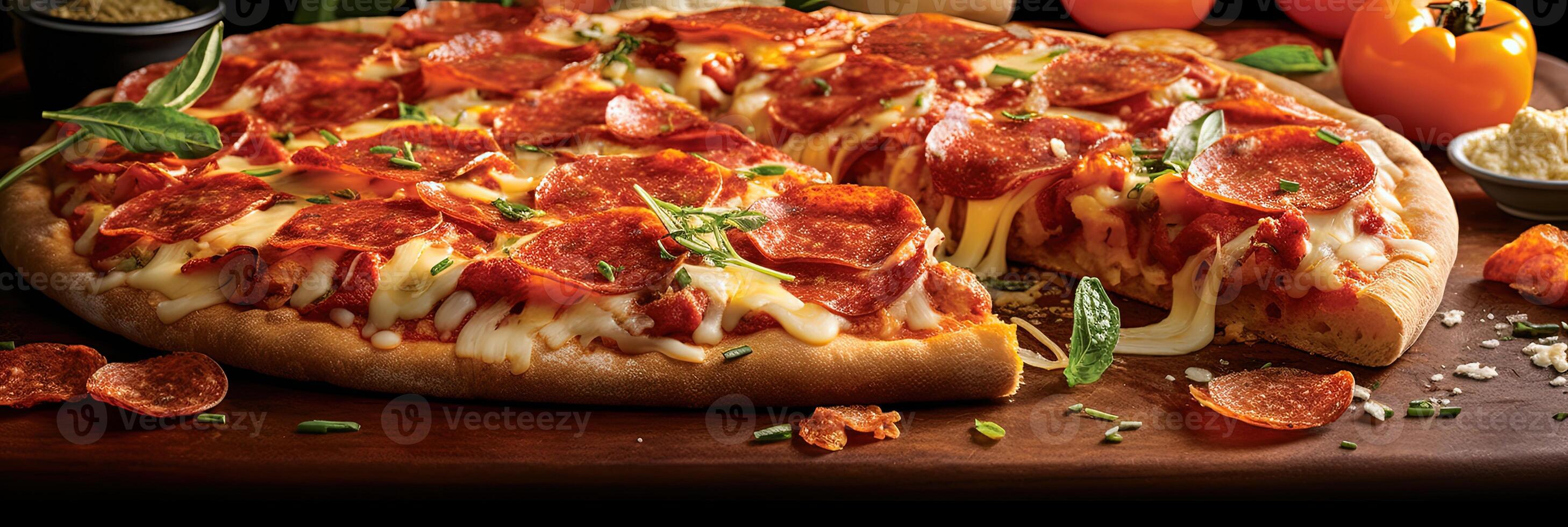 Close up a Slice of Pepperoni Pizza with Melted Cheese and Tomato on Wooden Table. photo