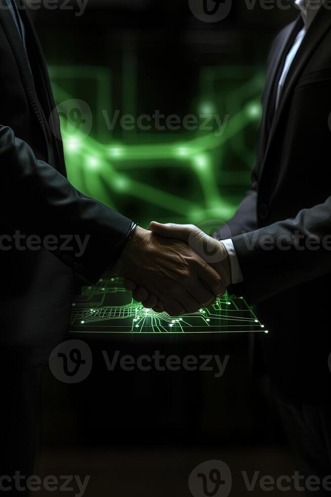 Crop Image of Two Business Person Shaking Hands in Green Laser Light Networking Loopable Background. photo