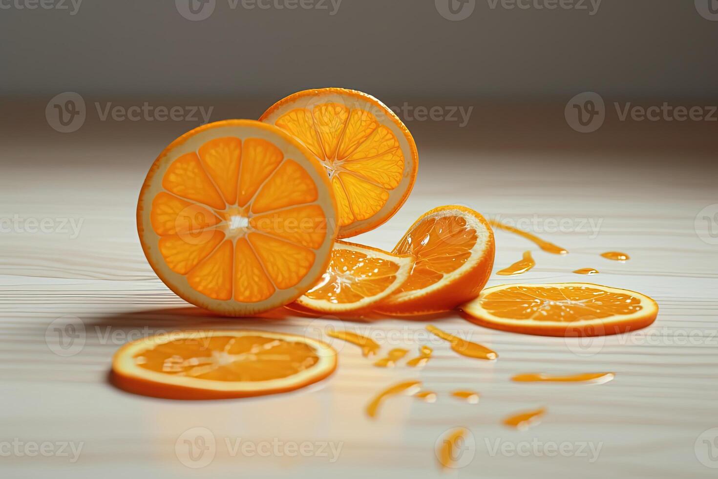 Slice Cut of Juicy Fresh Orange on Pastel Brown Background. Nutritious Fruits As healthy Dessert Containing Natural Vitamins . photo