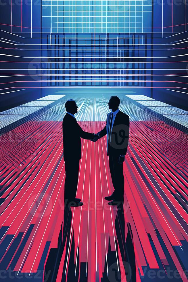 Two Businessmen Shaking Hands in Colorful Glitch Background. Technology. photo