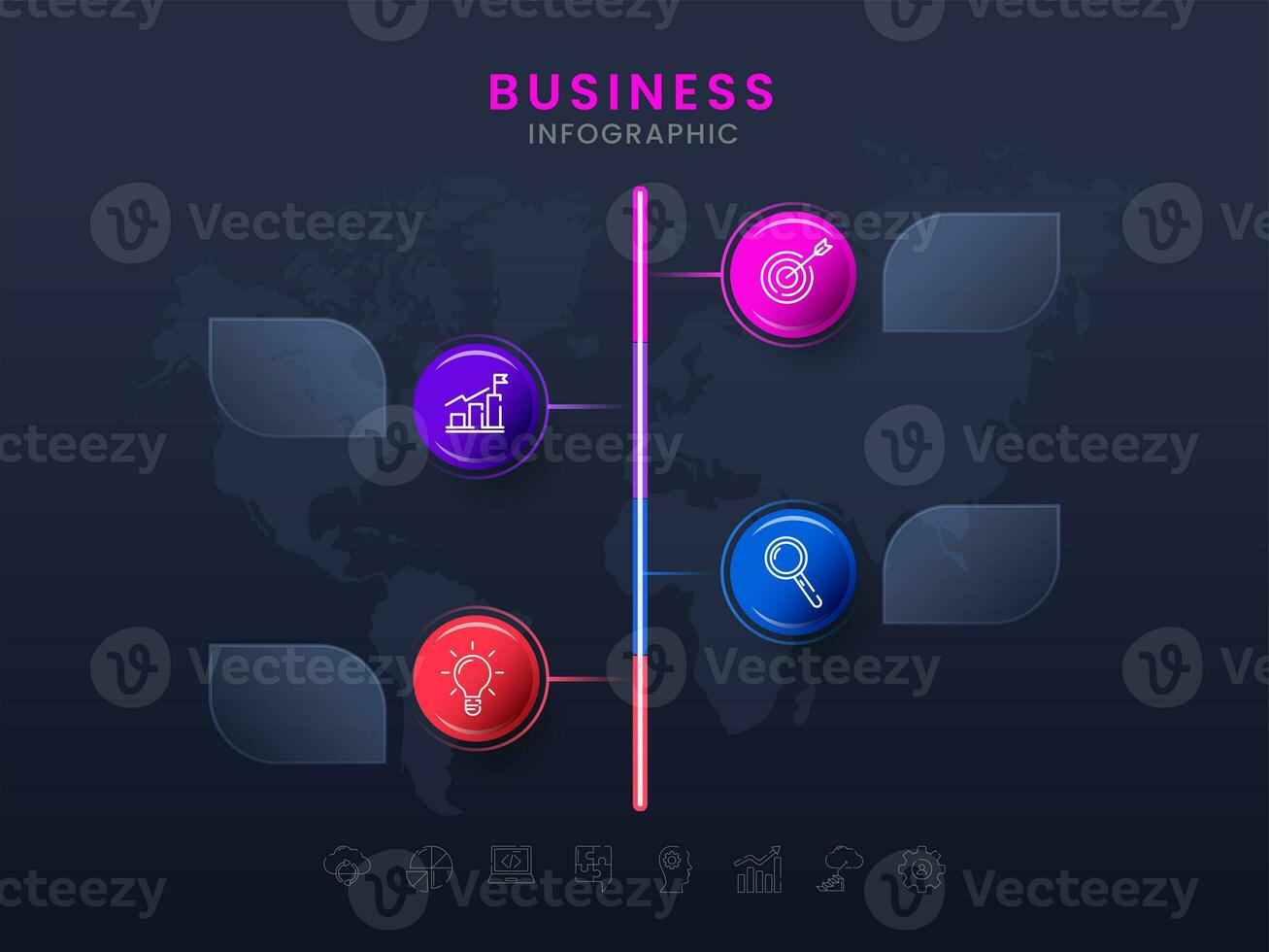 World Map Business Infographic Timeline Template With Icons And Glass Tags or Labels Space For Text. photo