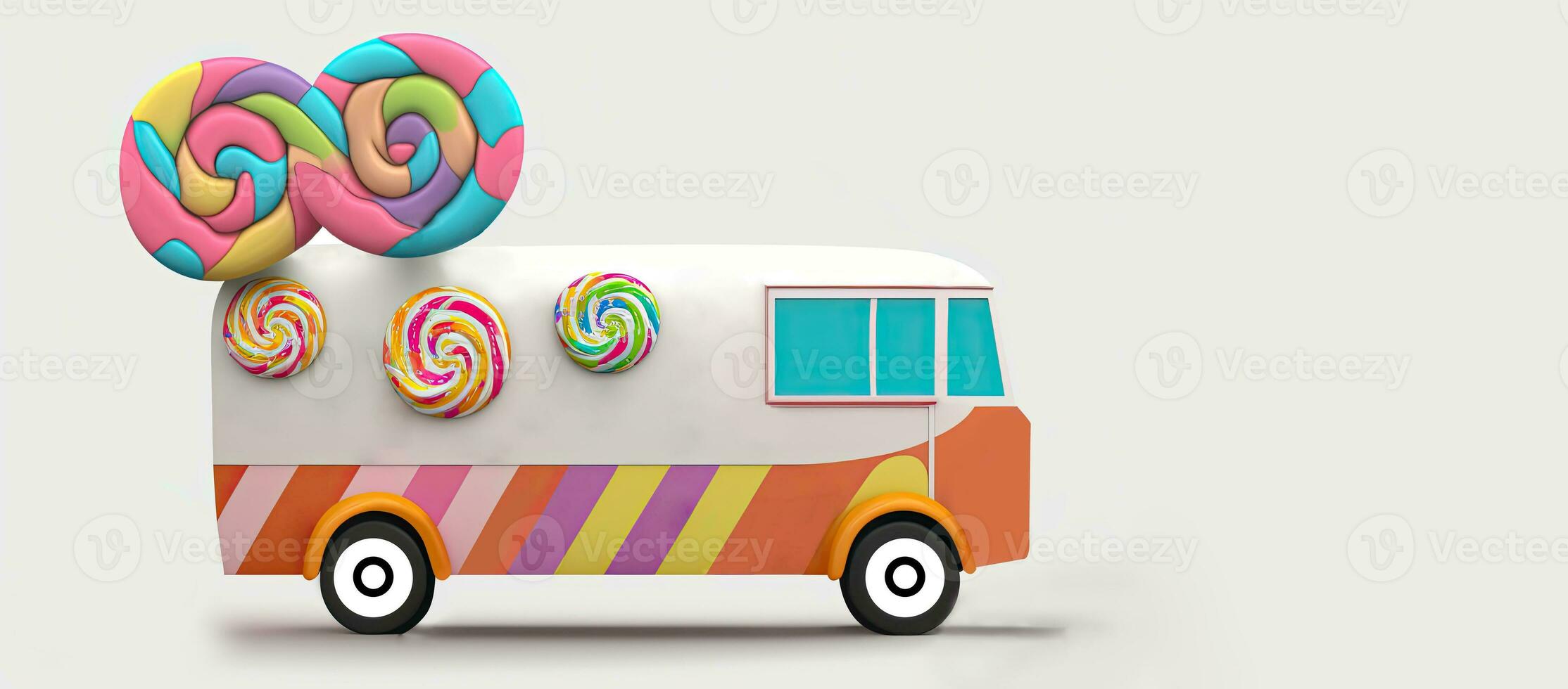 3D Render of Fantasy Colorful Food Truck of Candyland Element. photo