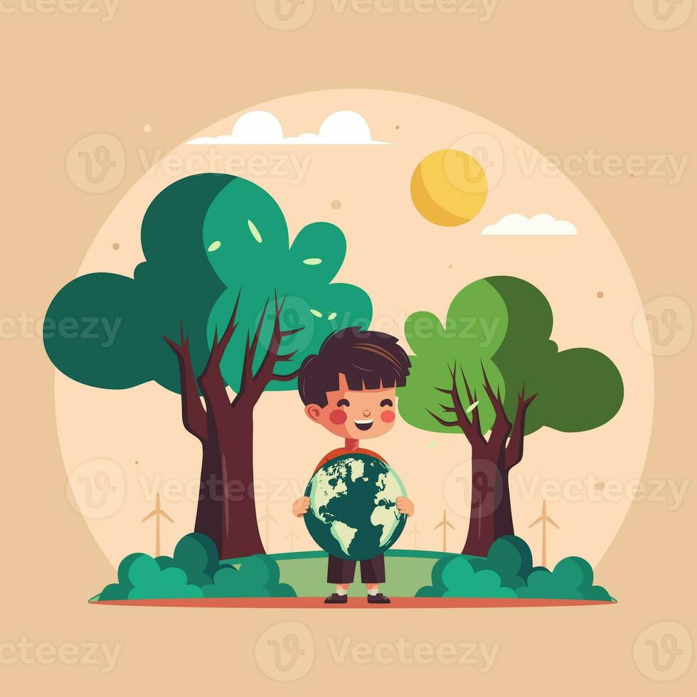 Cheerful Boy Character Holding Earth Globe On Sun Nature Background. Save Earth or World Environment Day Concept. photo
