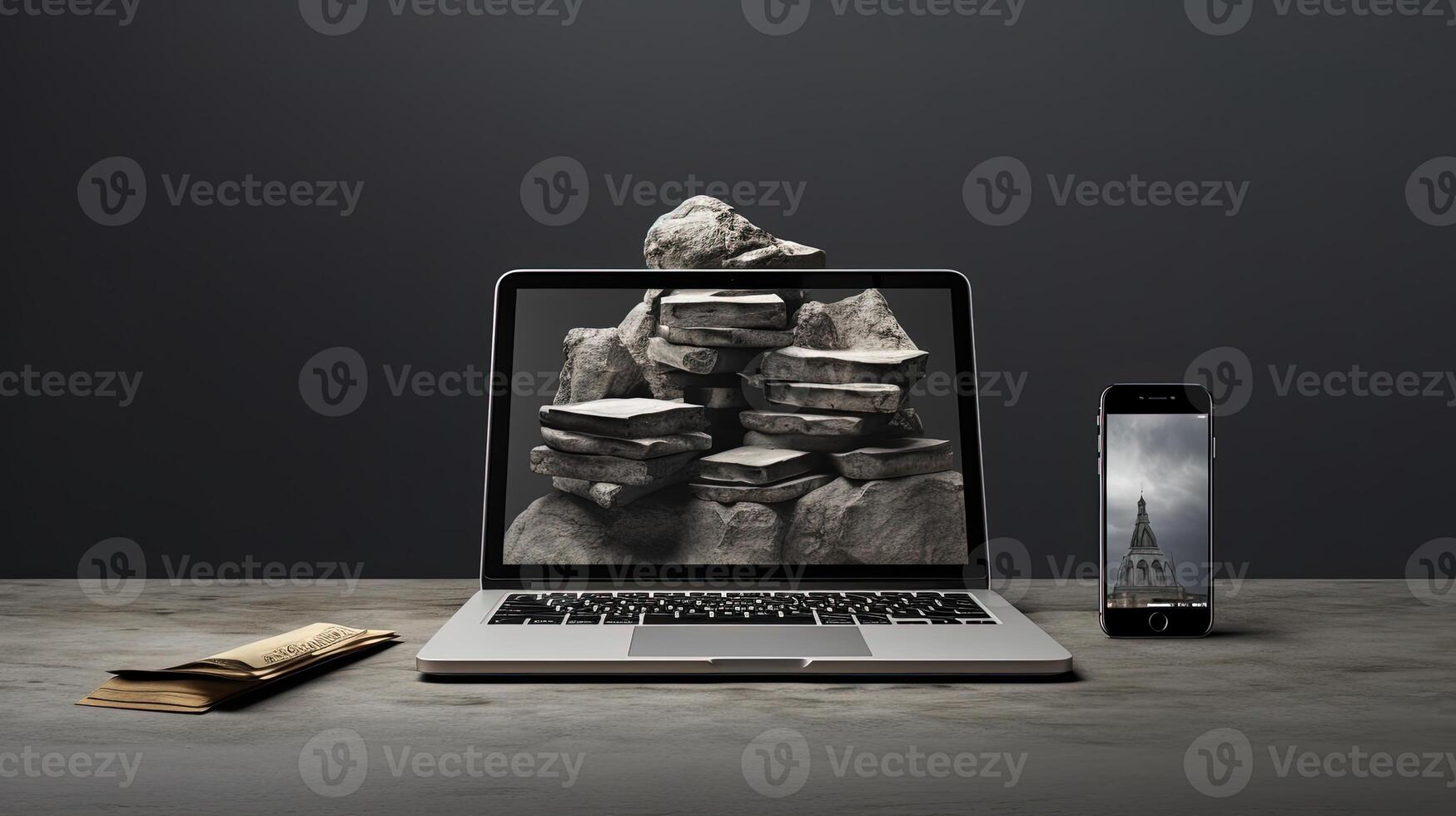 Laptop or Notebook Computer with Rock Stack Image and Smartphone Display on Gray Background. . photo