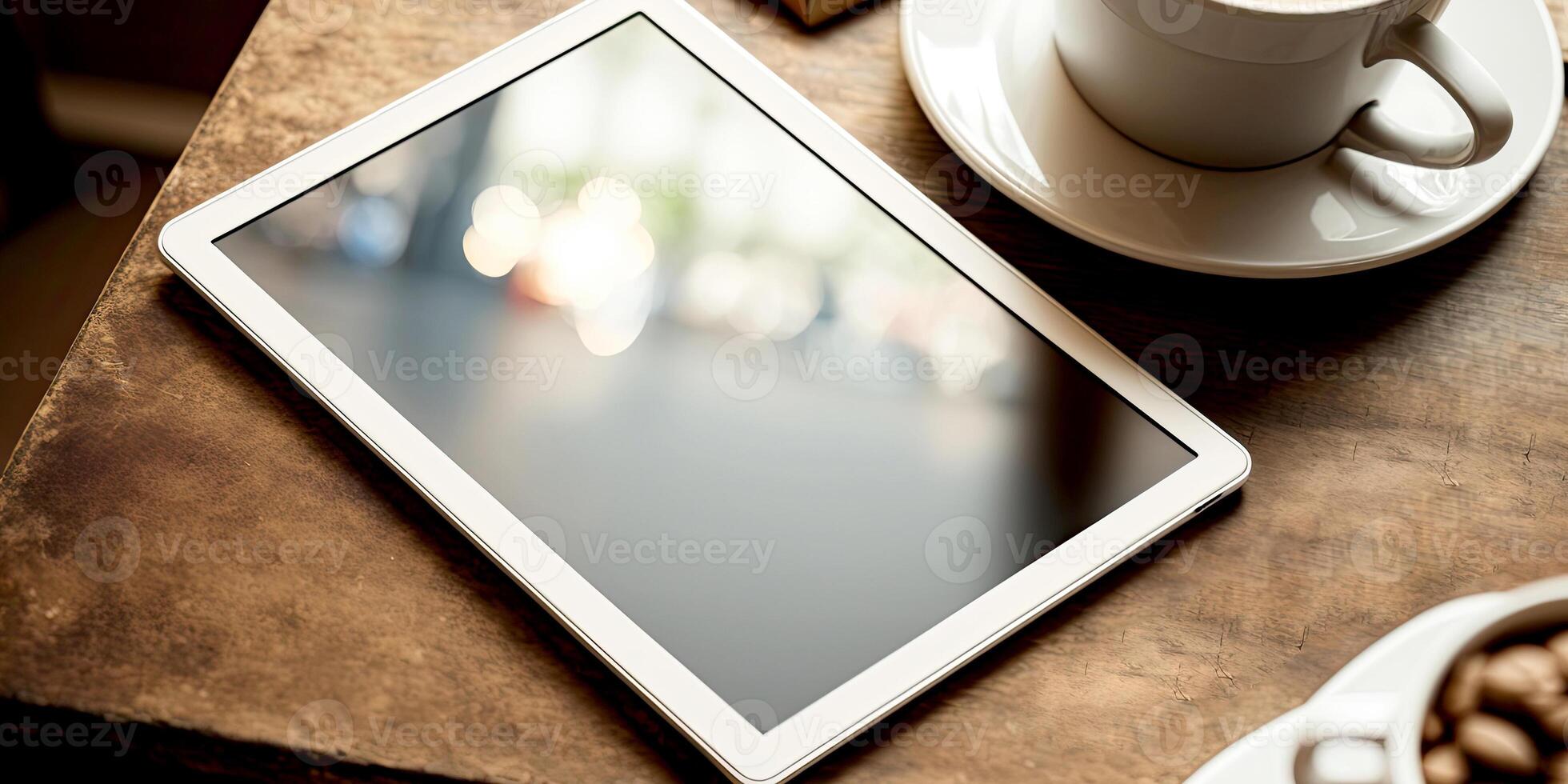 Digital tablet, screen mock up with coffee cups on wooden table. photo