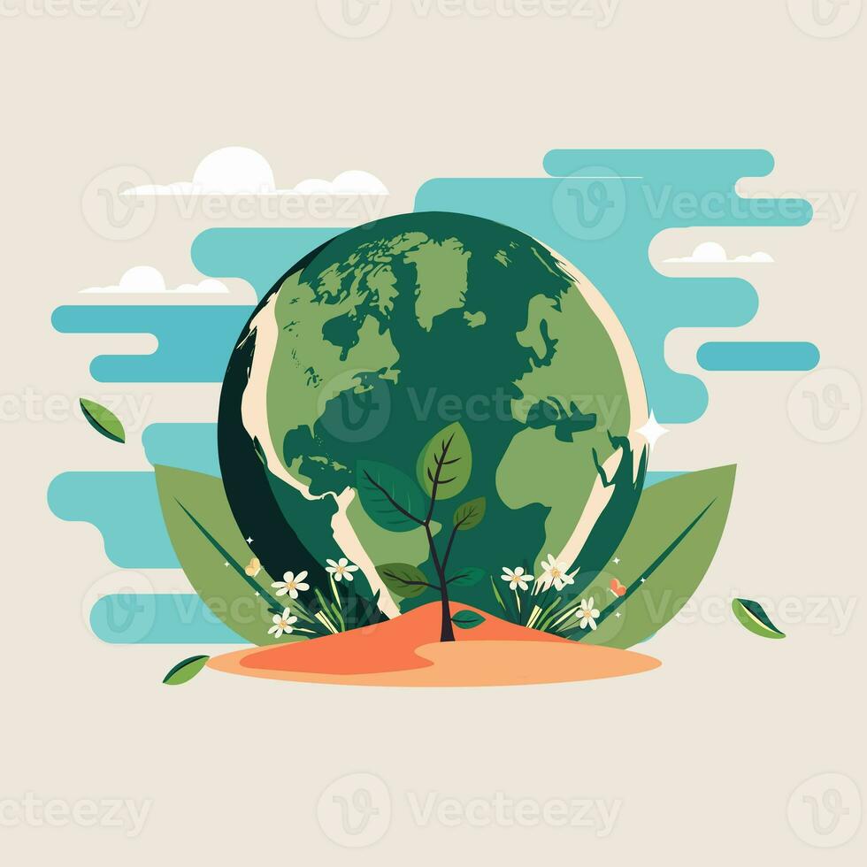 Green Earth Globe With Floral Plants On Abstract Background And Copy Space. photo