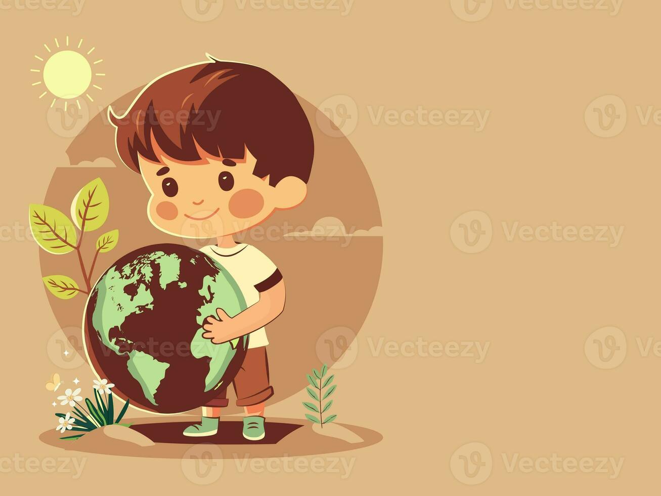 Smiley Boy Character Holding Earth Globe On Sun Nature Pastel Orange Background. Save Earth or World Environment Day Concept. photo