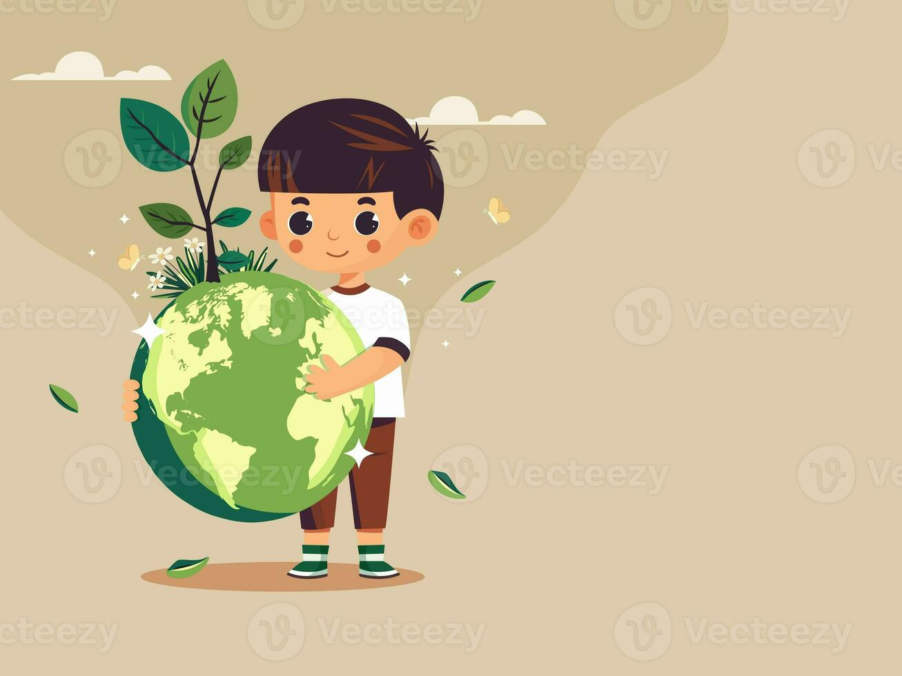 Cute Boy Character Holding Earth Globe With Floral Plants, Butterfly On Beige Background And Copy Space. photo