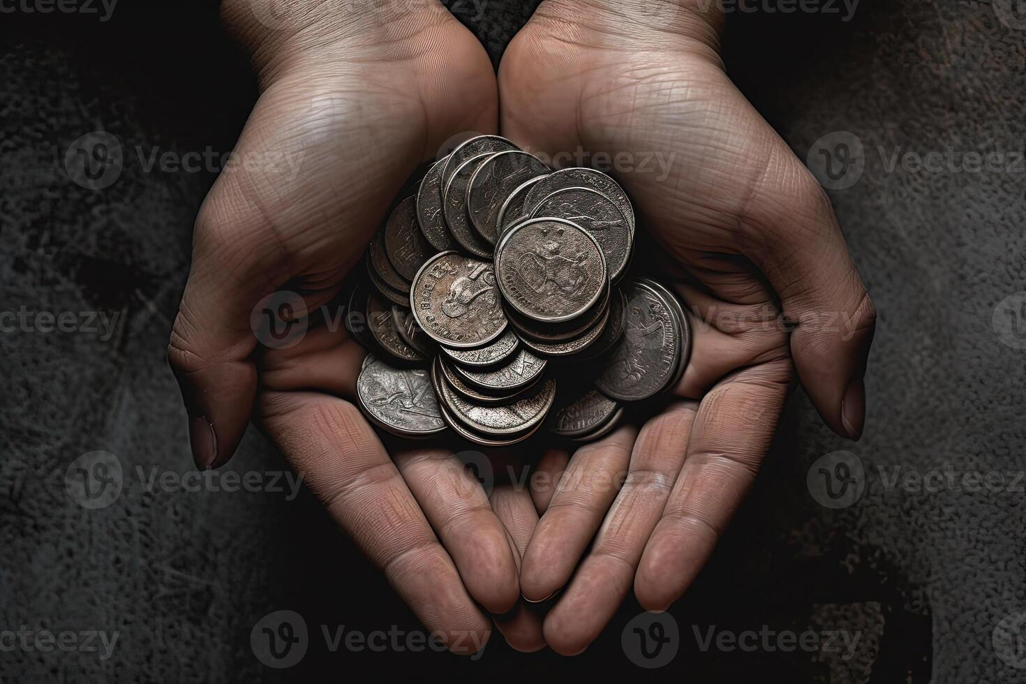 Top View Handful of Coins in Palm of Human Hands on Dark Background, Save Money Concept. Generative AI. photo