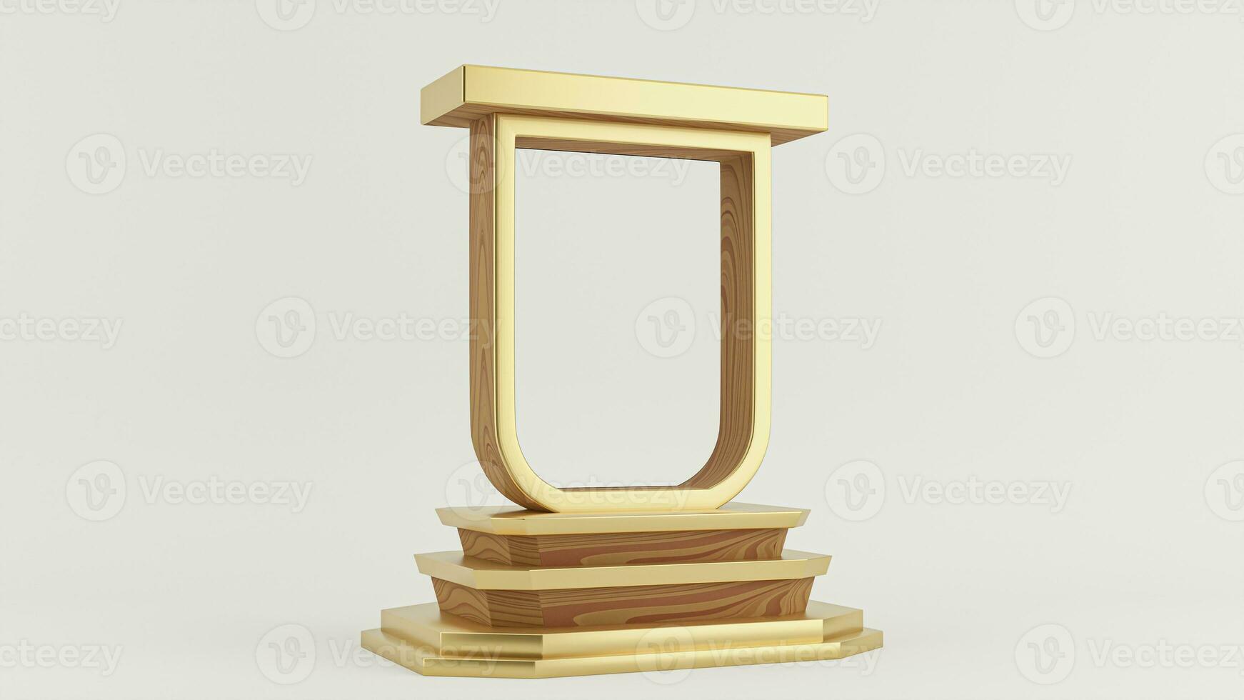 3D Rendering Golden Frame Stand or Podium Mockup On Gray Background. photo