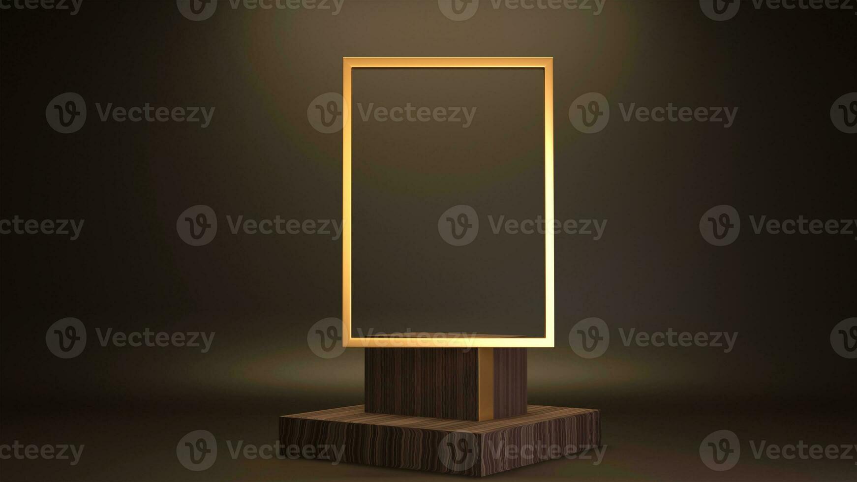 3D Rendering Golden Rectangle Frame or Display On Wooden Podium With Copy Space. photo