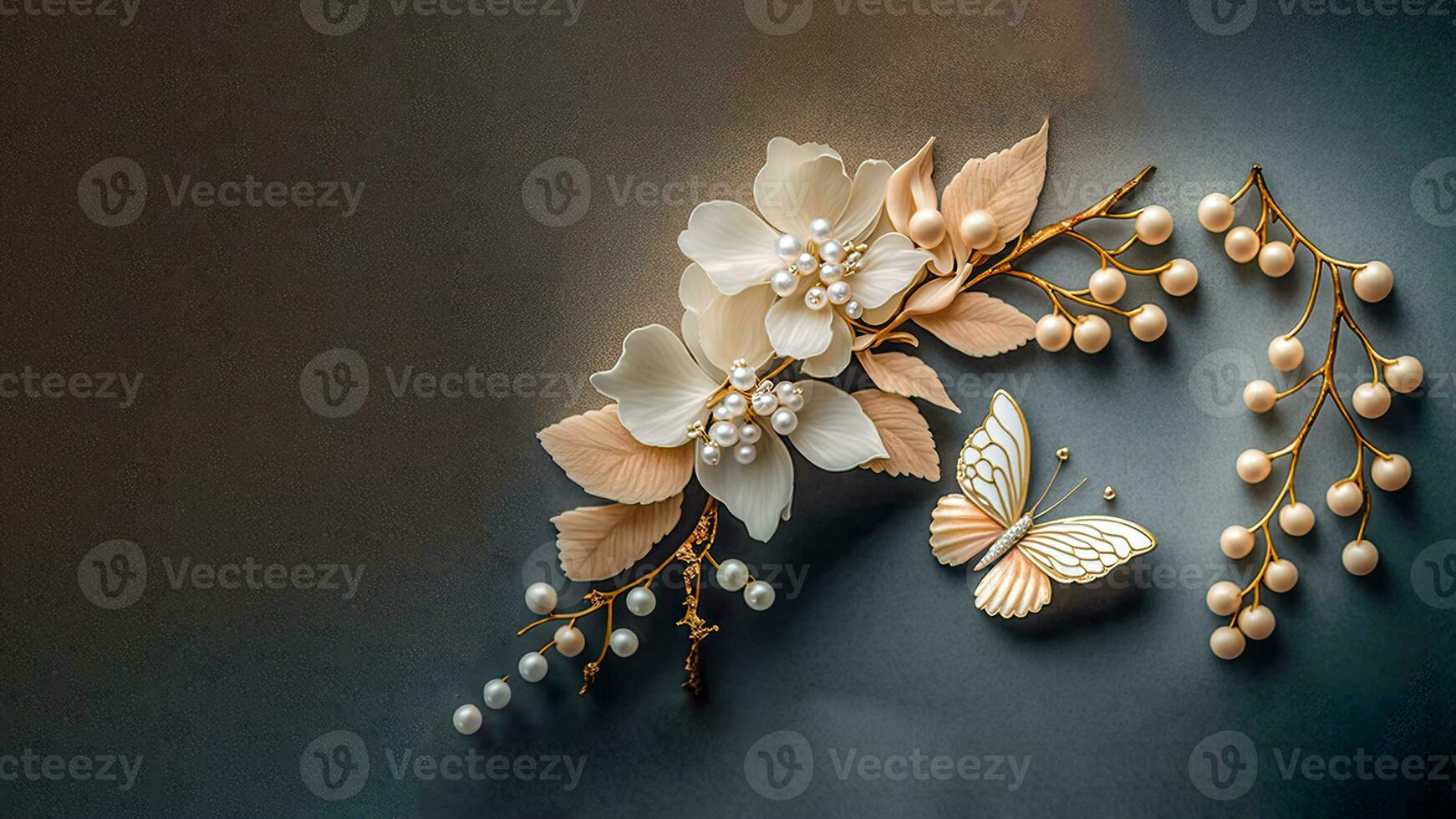 3D Render Of Soft Color Floral Branch And Cartoon Butterfly On GRey And Brown Texture Background. photo