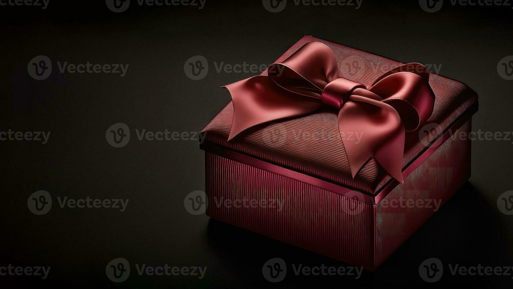 3D Render of Glossy Matte Red Gift Box With Silk Bow Ribbon On Black Background And Copy Space. photo