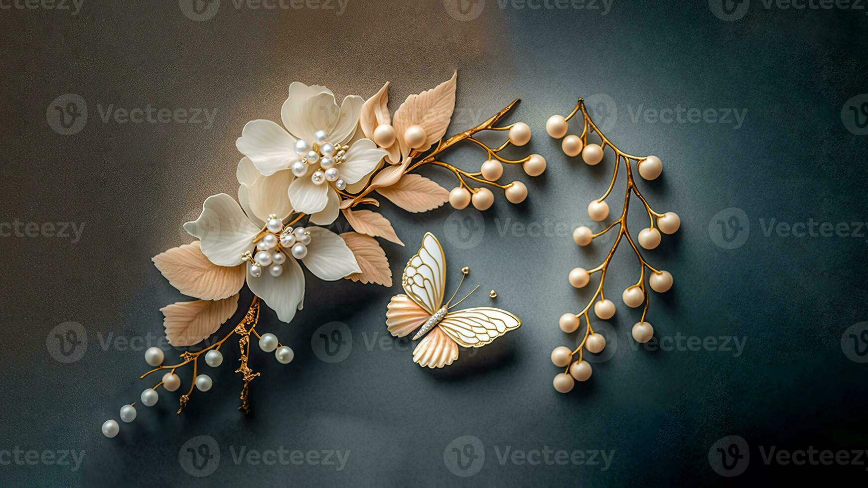 3D Render Of Soft Color Floral Branch And Cartoon Butterfly On GRey And Brown Texture Background. photo