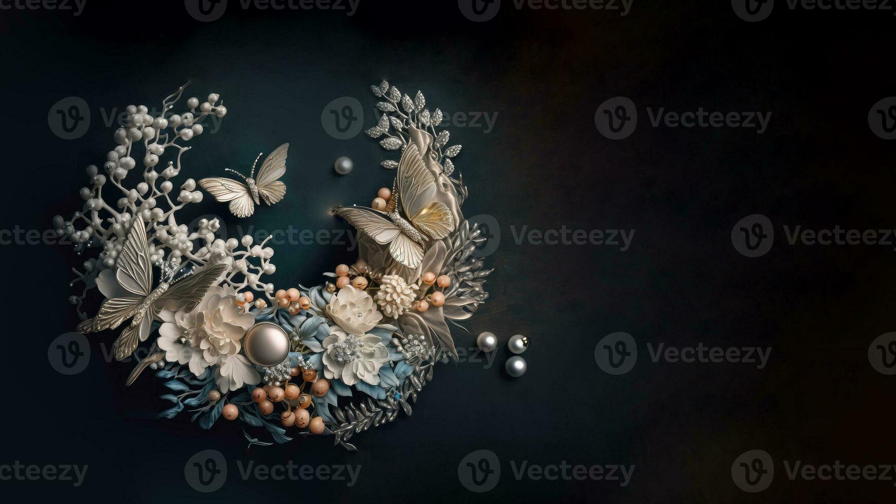 3D Render of Cartoon Butterflies On Floral Circular Frame Against Brown And Teal Texture Background And Copy Space. photo