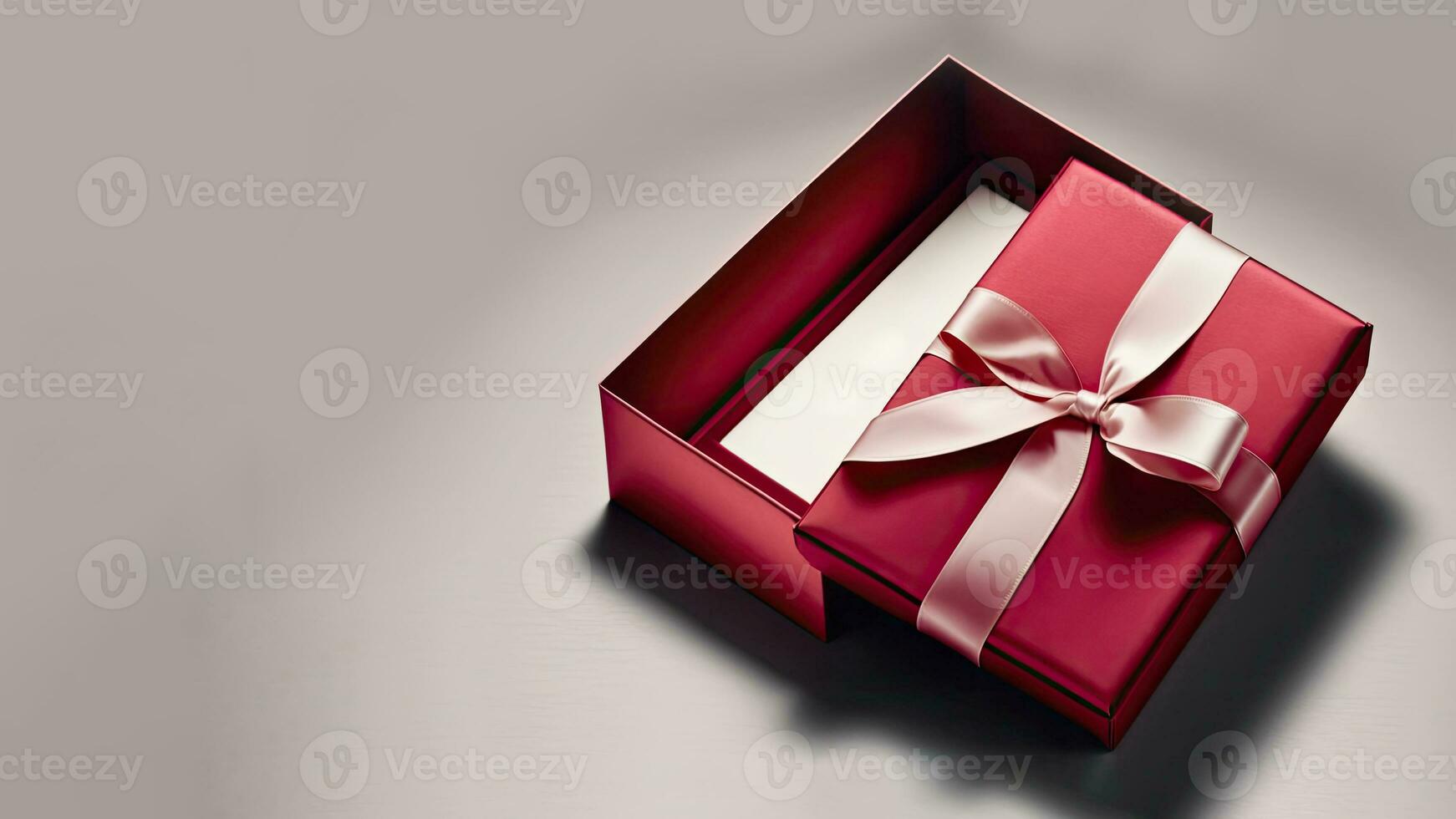 3d hacer de abierto regalo caja con seda arco cinta en gris antecedentes y Copiar espacio. foto