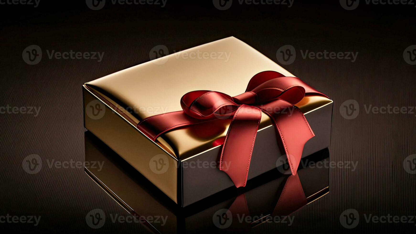 3D Render of Golden Gift Box With Red Silk Bow Ribbon On Brown Wooden Texture Background And Copy Space. photo