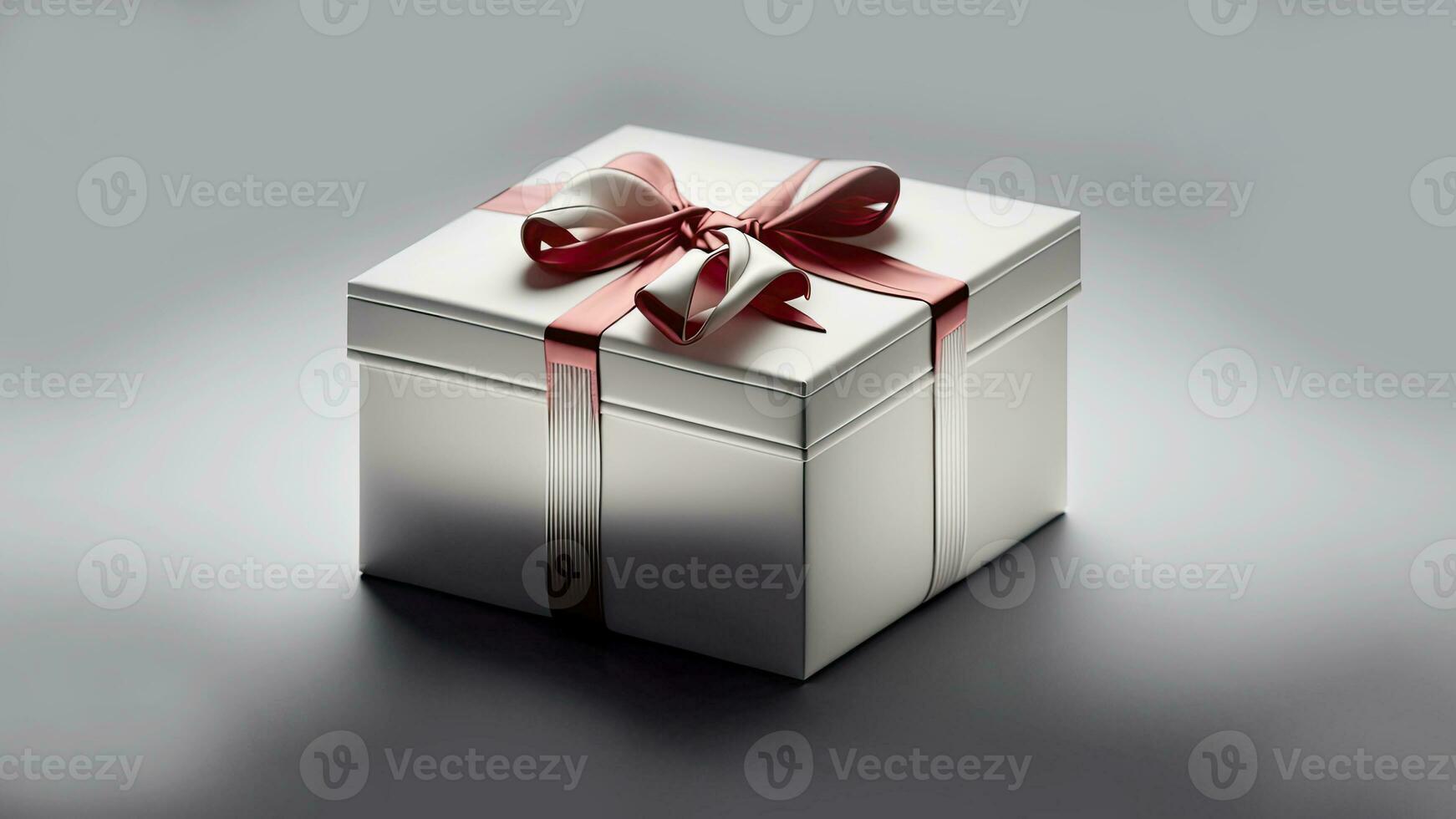 3D Render of Grey Gift Box With Silk Bow Ribbon And Copy Space. photo