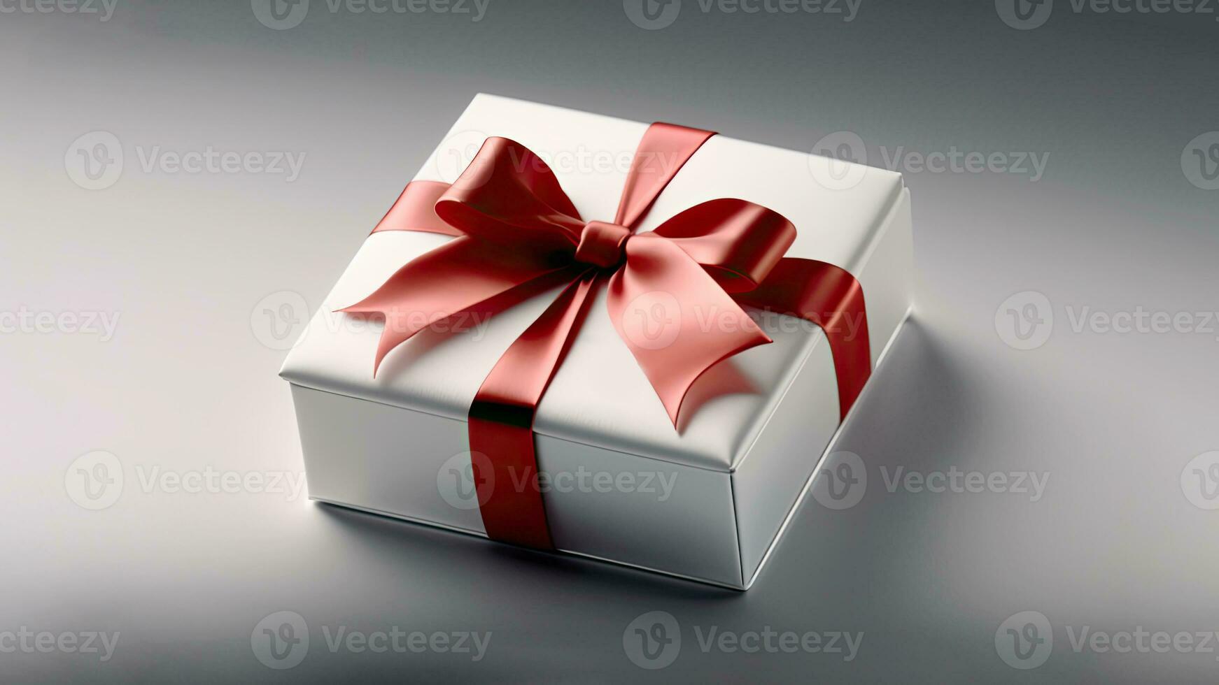 3D Render of White Gift Box With Red Silk Bow Ribbon On Grey Background And Copy Space. photo