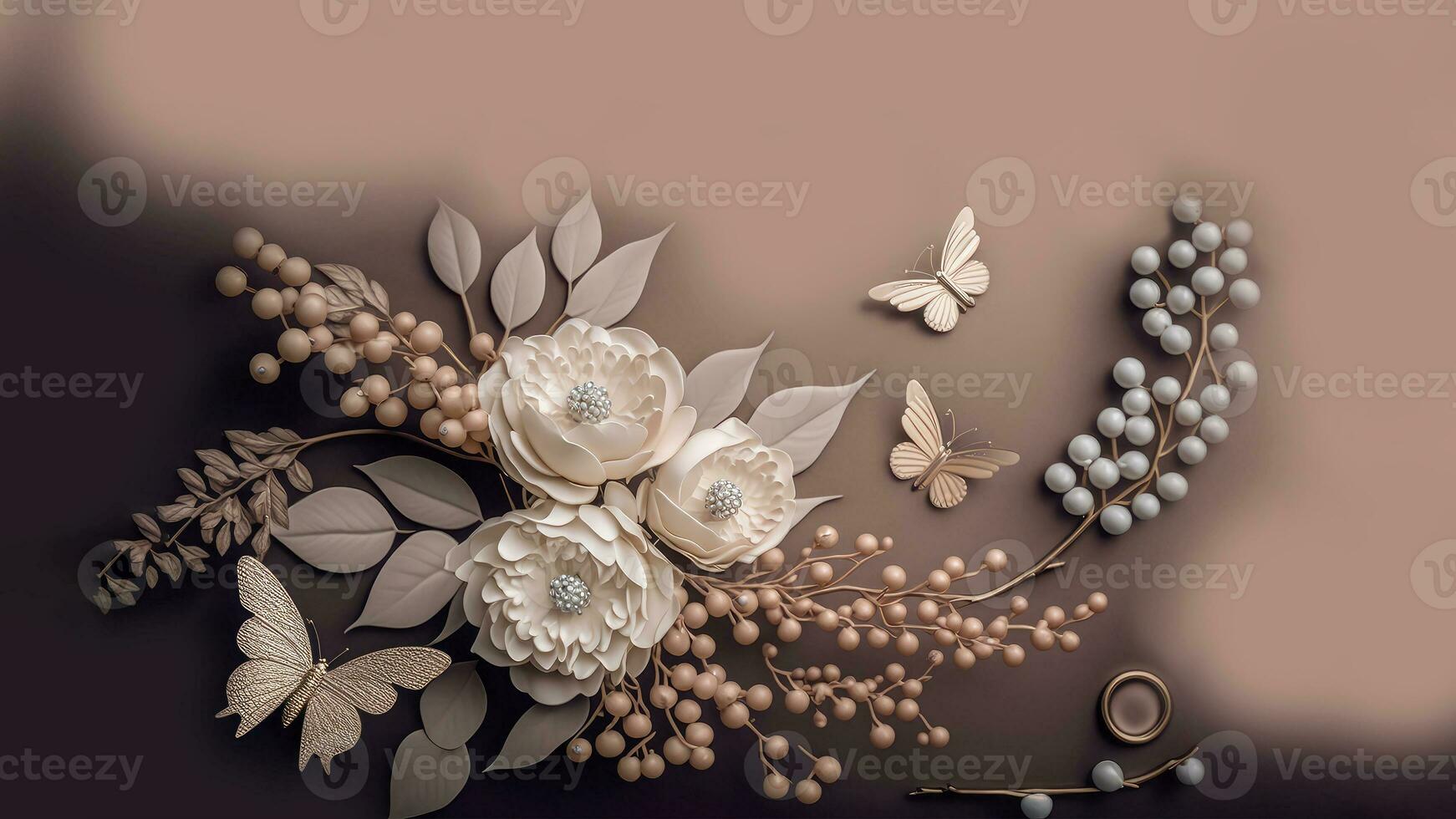 3D Render Of Pastel Brown Flower Bunch And Cartoon Butterfly Against Background. photo