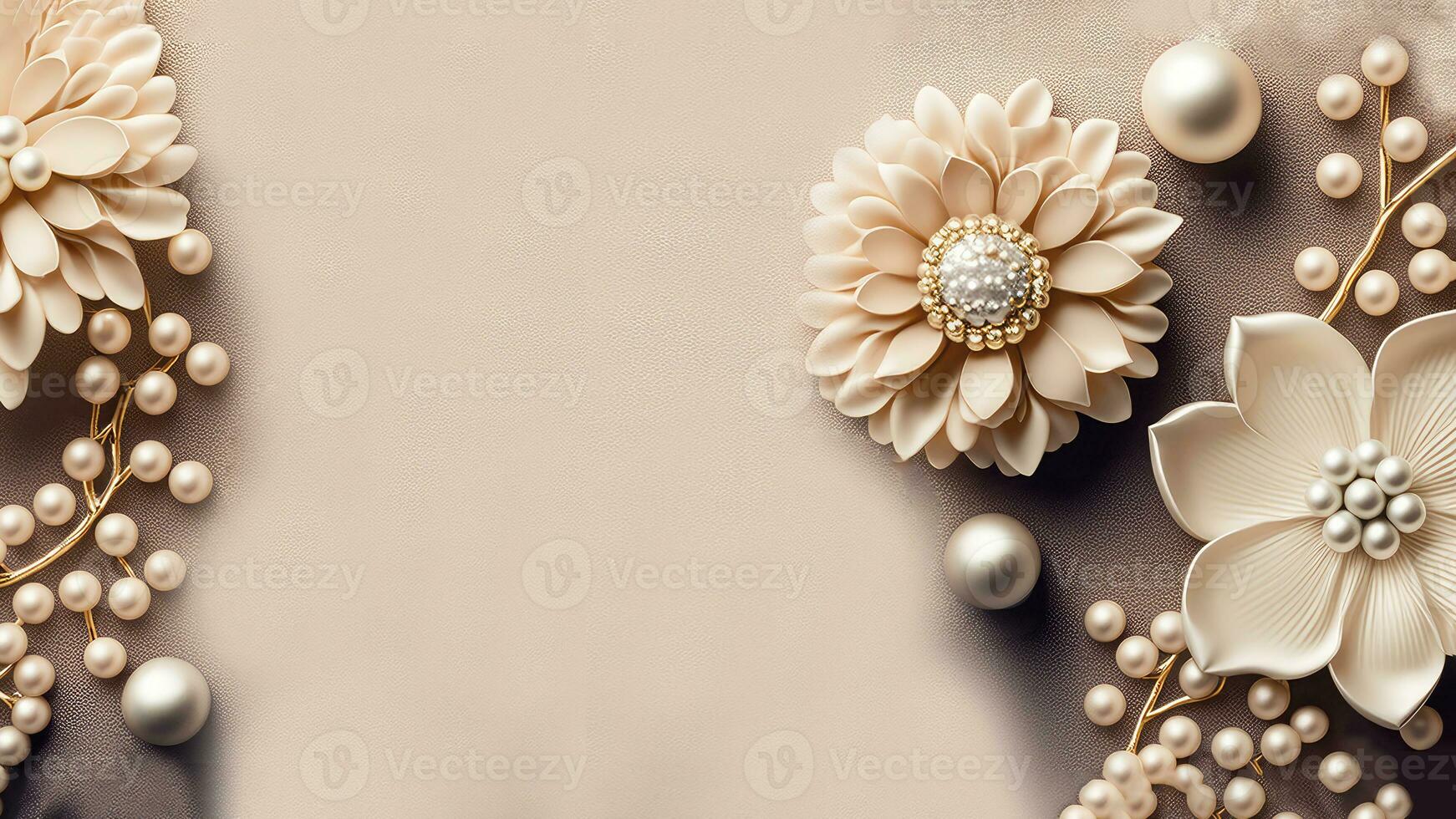 3D Render of Pastel Brown Flowers And Pearls Decorative Background And Copy Space. photo