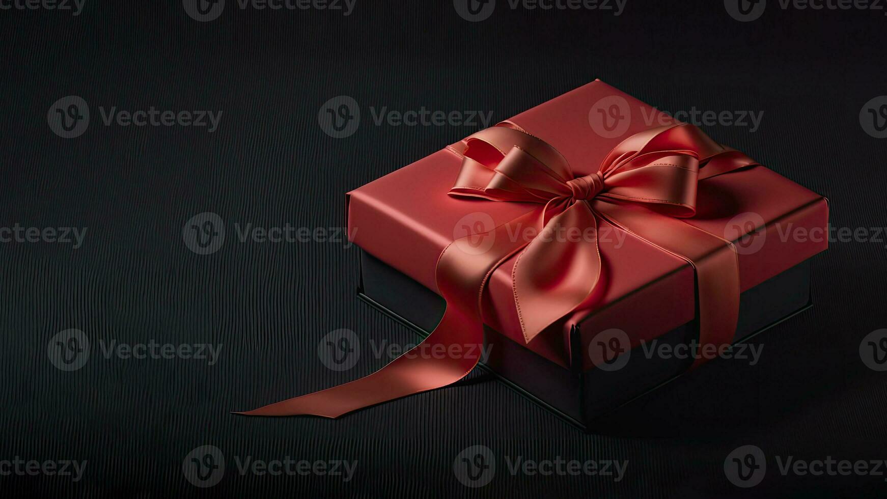 3D Render Of Gift Box With Red Silk Bow Ribbon On Black Wooden Texture Background And Copy Space photo