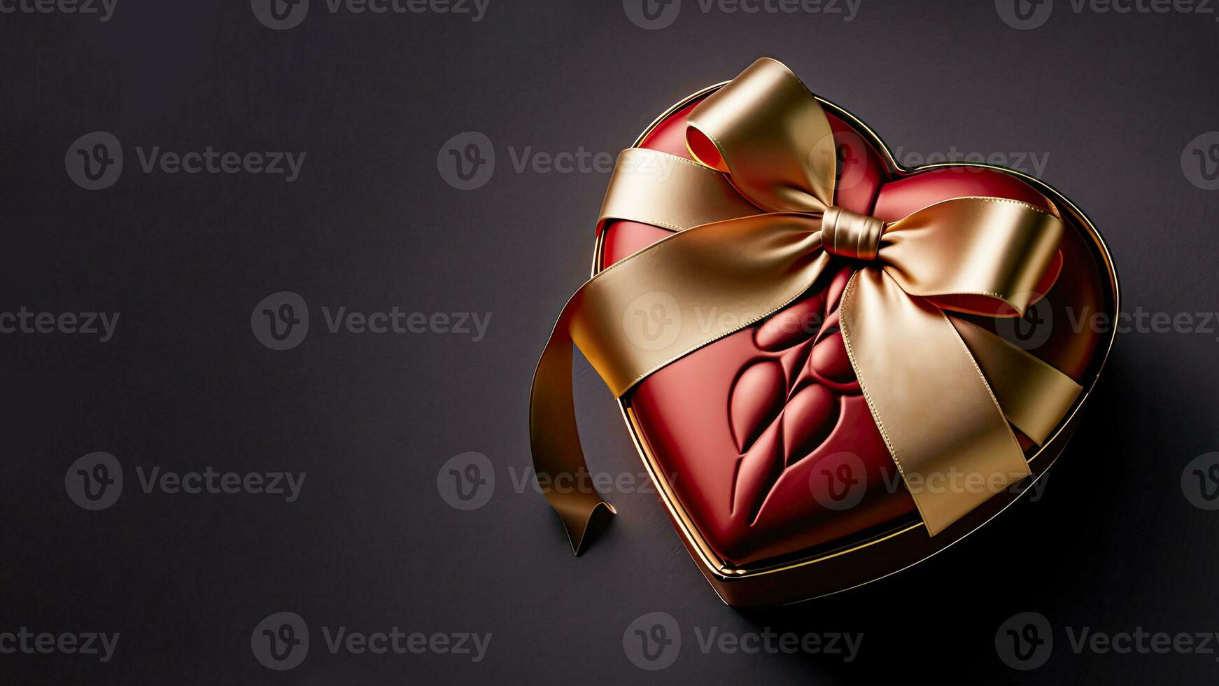 3D Render of Matte Red Heart Shape Gift Box With Golden Bow Ribbon On Brown Background And Copy Space. photo