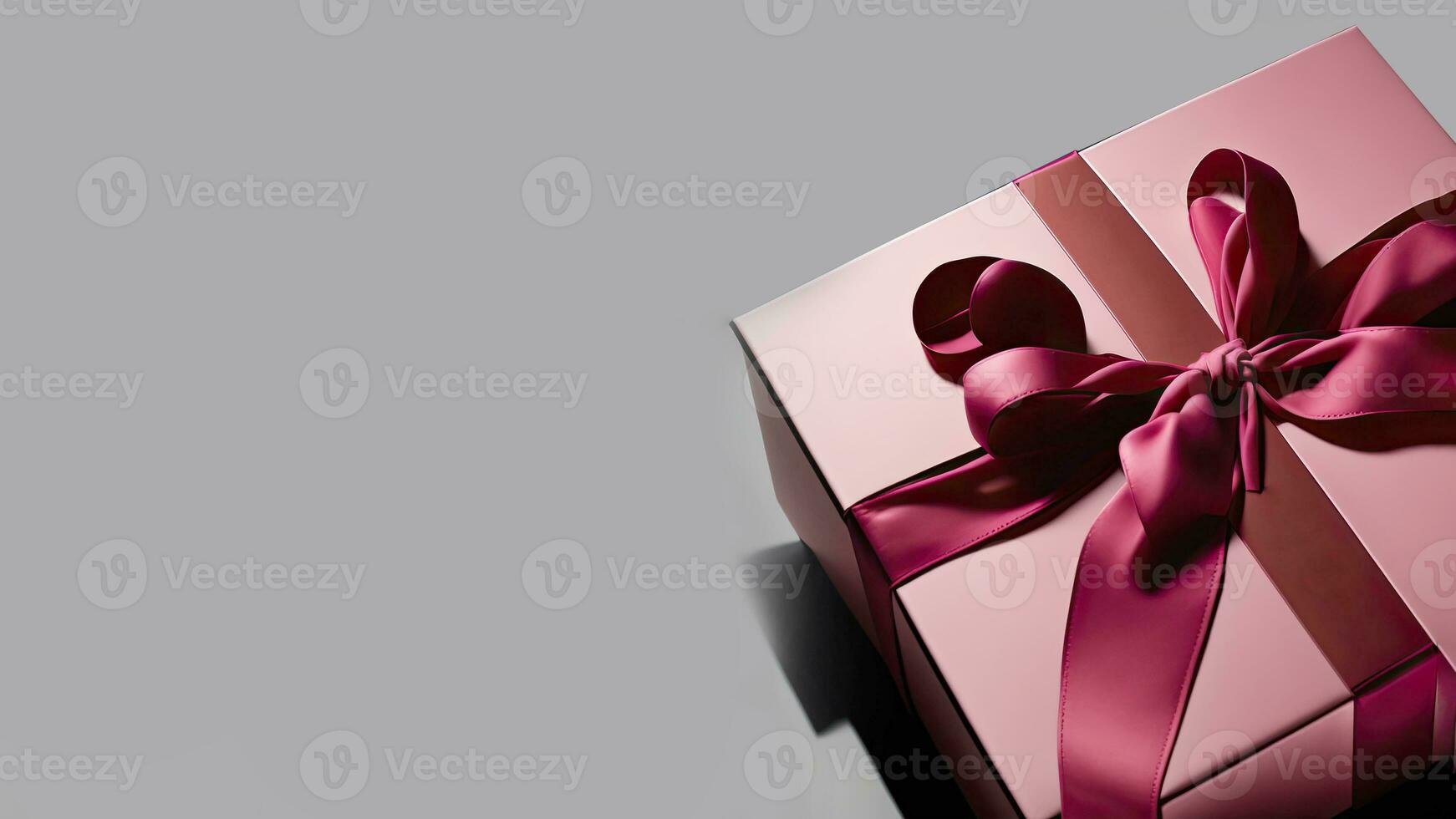 3D Render of Gift Box With Matte Red Silk Ribbon On Grey Background And Copy Space. photo