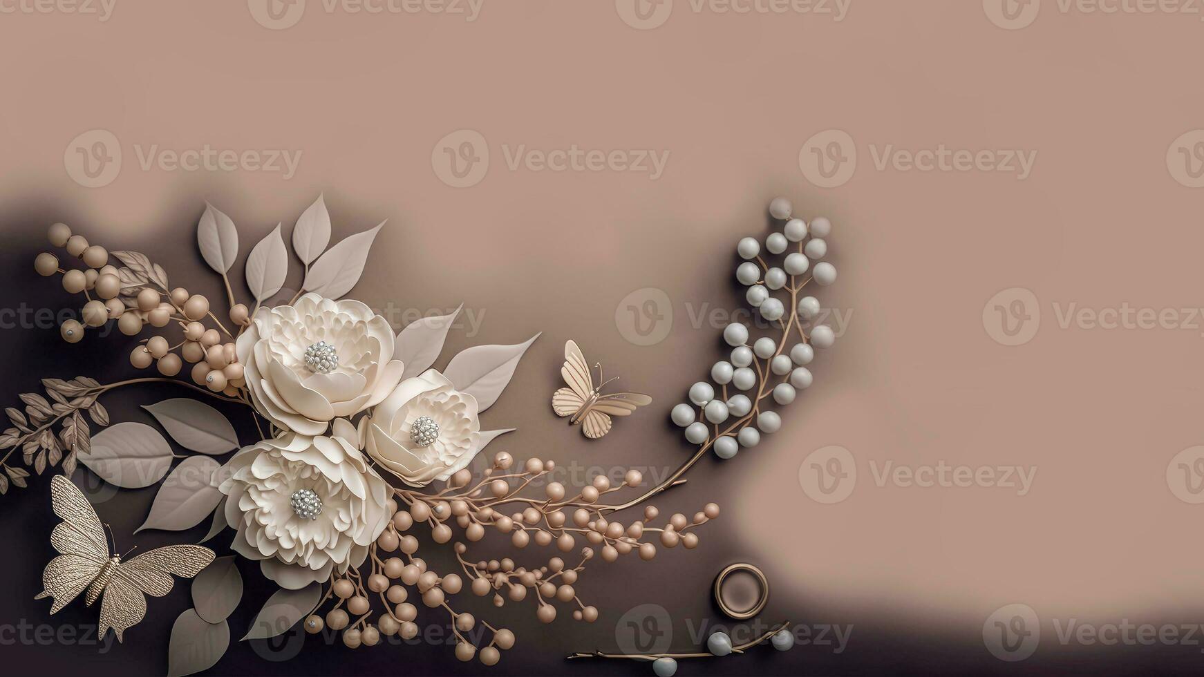 3D Render Of Pastel Brown Flower Bunch And Cartoon Butterfly Against Background. photo