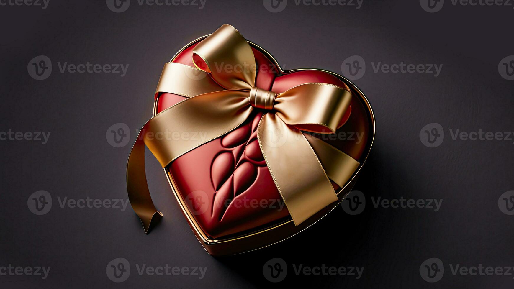 3D Render of Matte Red Heart Shape Gift Box With Golden Bow Ribbon On Brown Background And Copy Space. photo