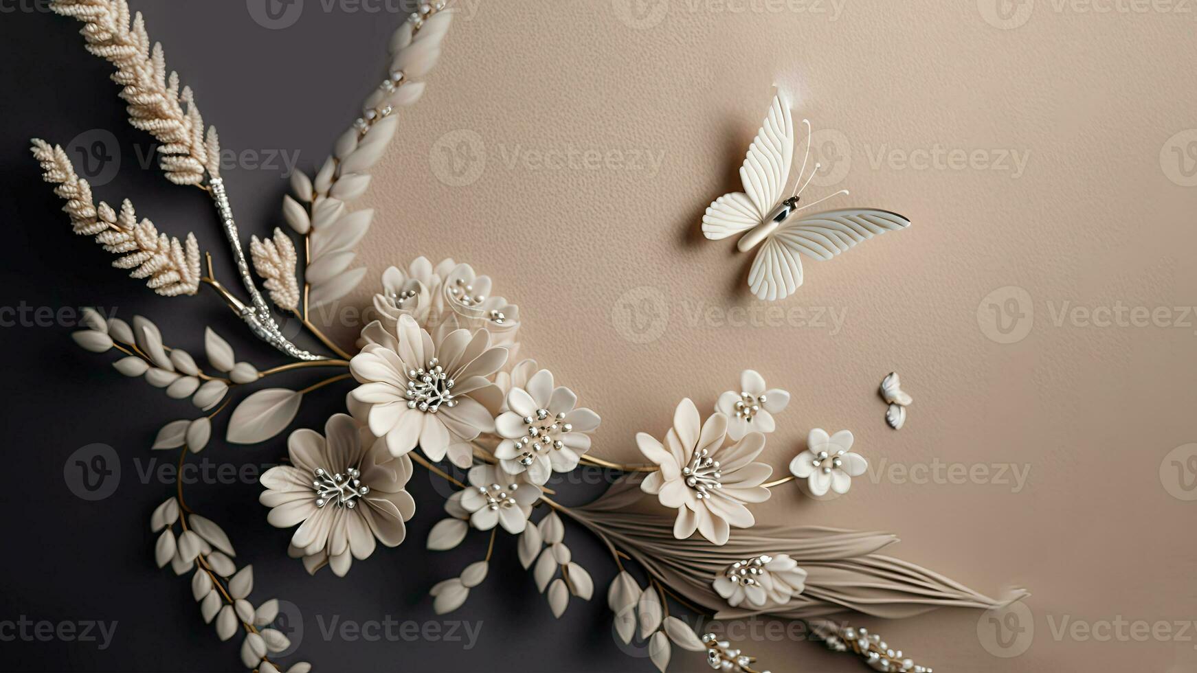 3D Render Of Pastel Brown Flowers, Leaves, And Cartoon Butterfly Against Background. photo