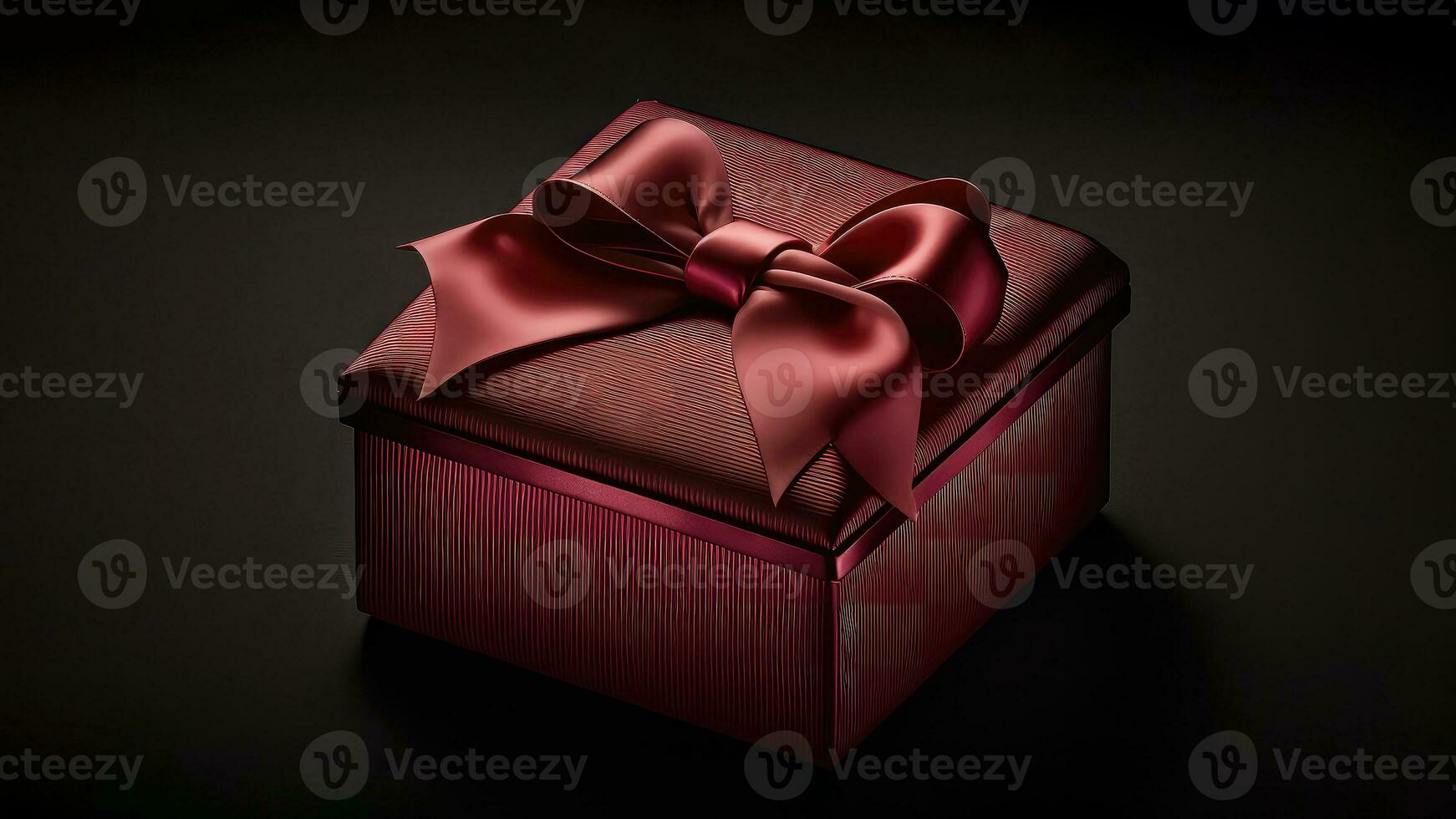 3D Render of Glossy Matte Red Gift Box With Silk Bow Ribbon On Black Background And Copy Space. photo