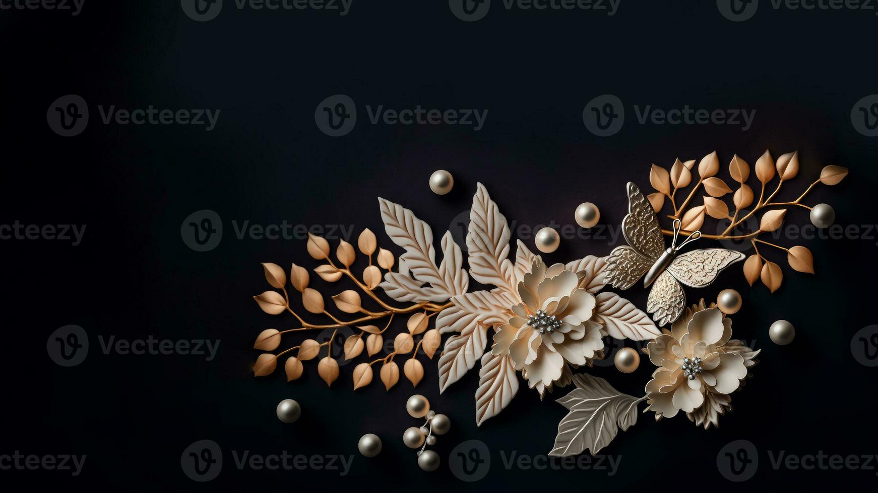 3D Render of Pastel Brown Flowers, Leaves, Pearls And Cartoon Butterfly On Black Background And Copy Space. photo