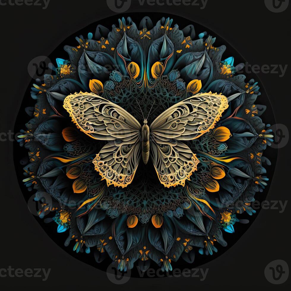 Colorful butterfly mandala art. Created with technology. photo