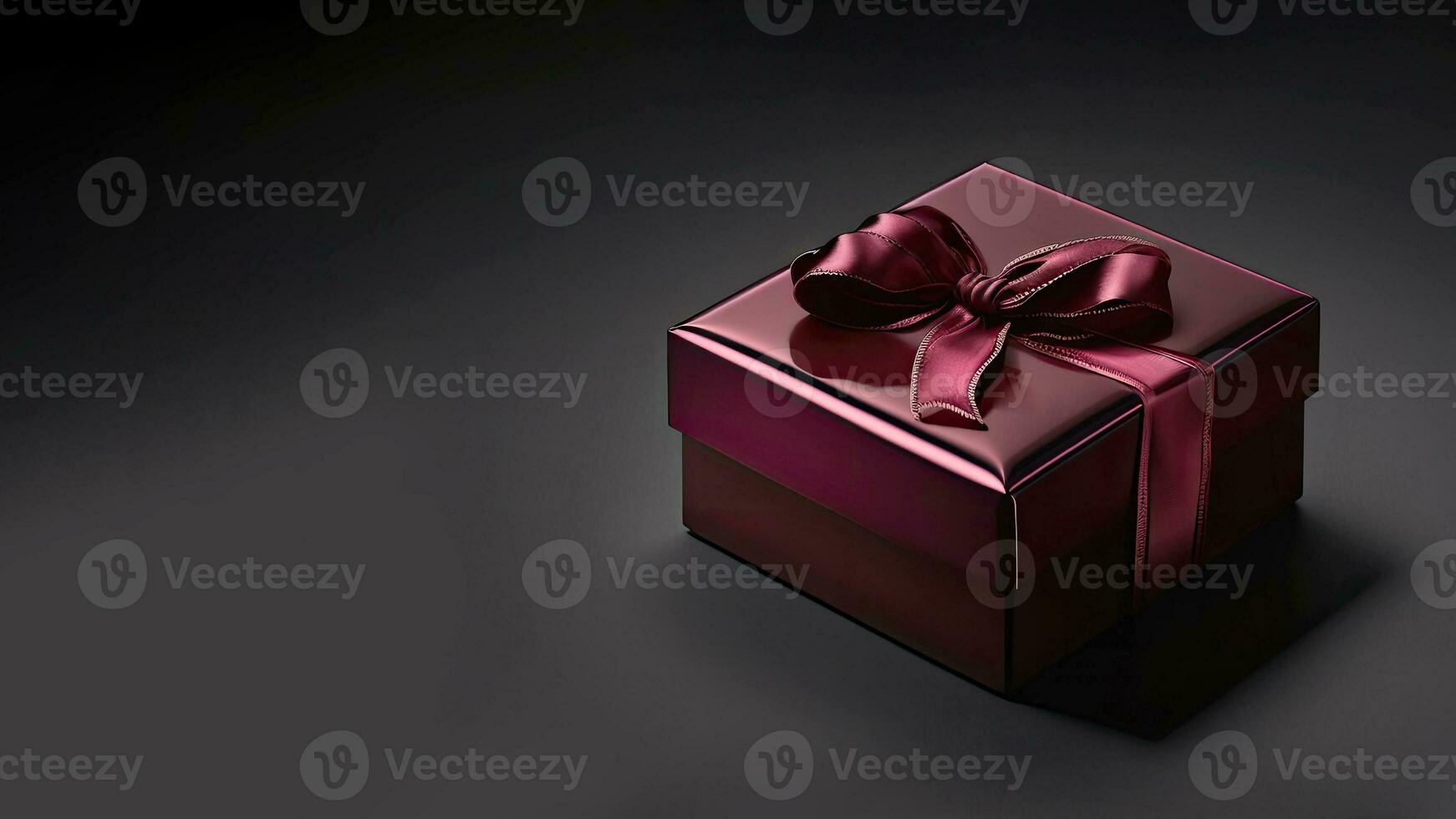 3D Render of Shiny Matte Red Gift Box With Silk Bow Ribbon On Black Background And Copy Space. photo