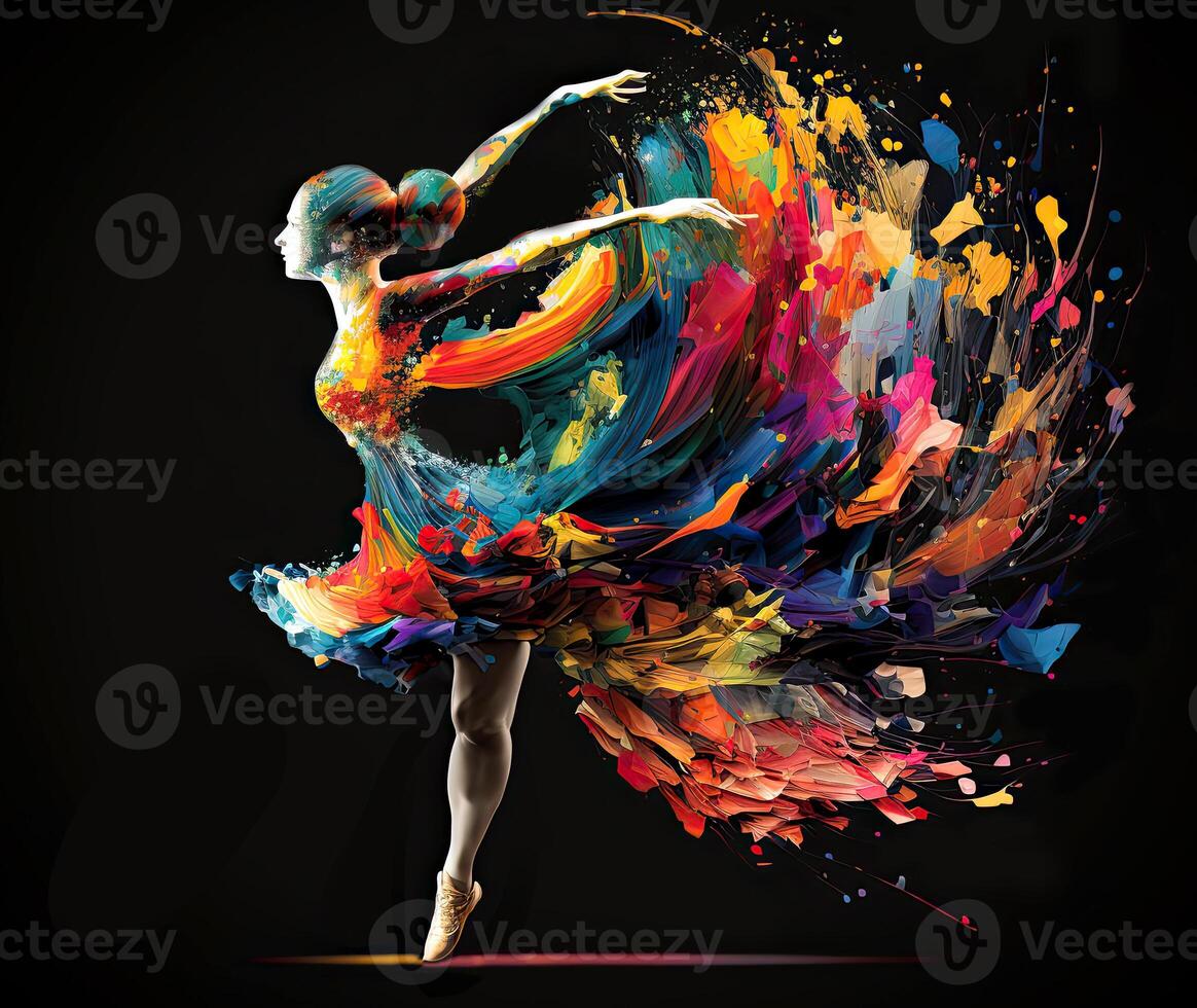 Ballet dancer splash colorful illustration, black background with copy space. photo