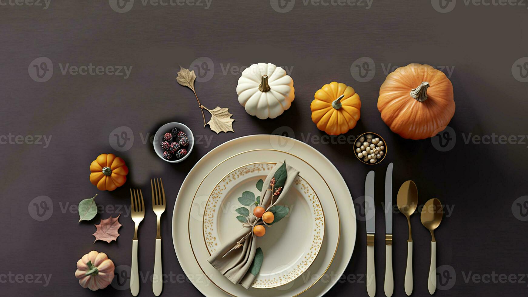 Top View of Dining Table Decorated With Pumpkin And Berries For Autumn Or Thanksgiving. 3D Render. photo
