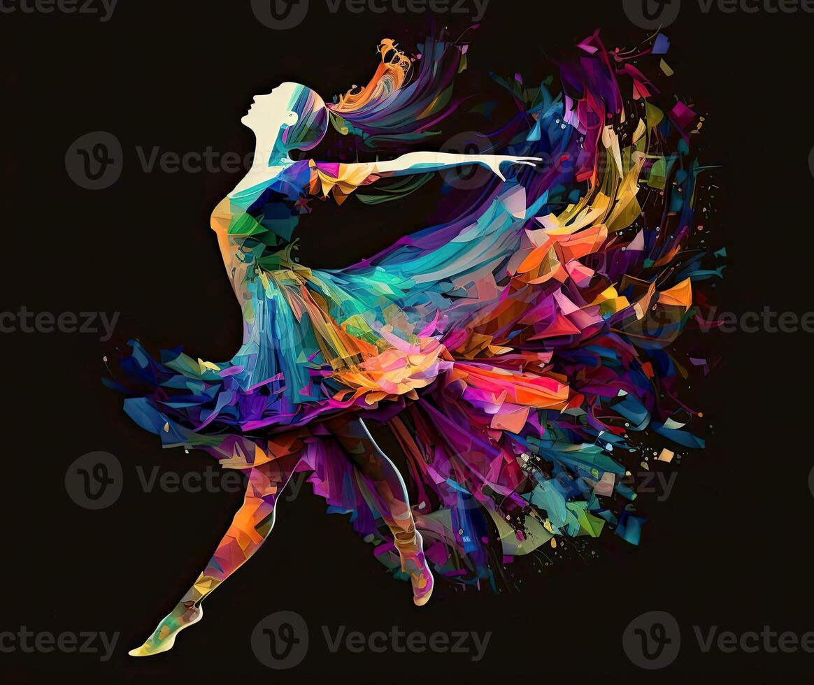 Ballet dancer splash colorful illustration, black background with copy space. photo