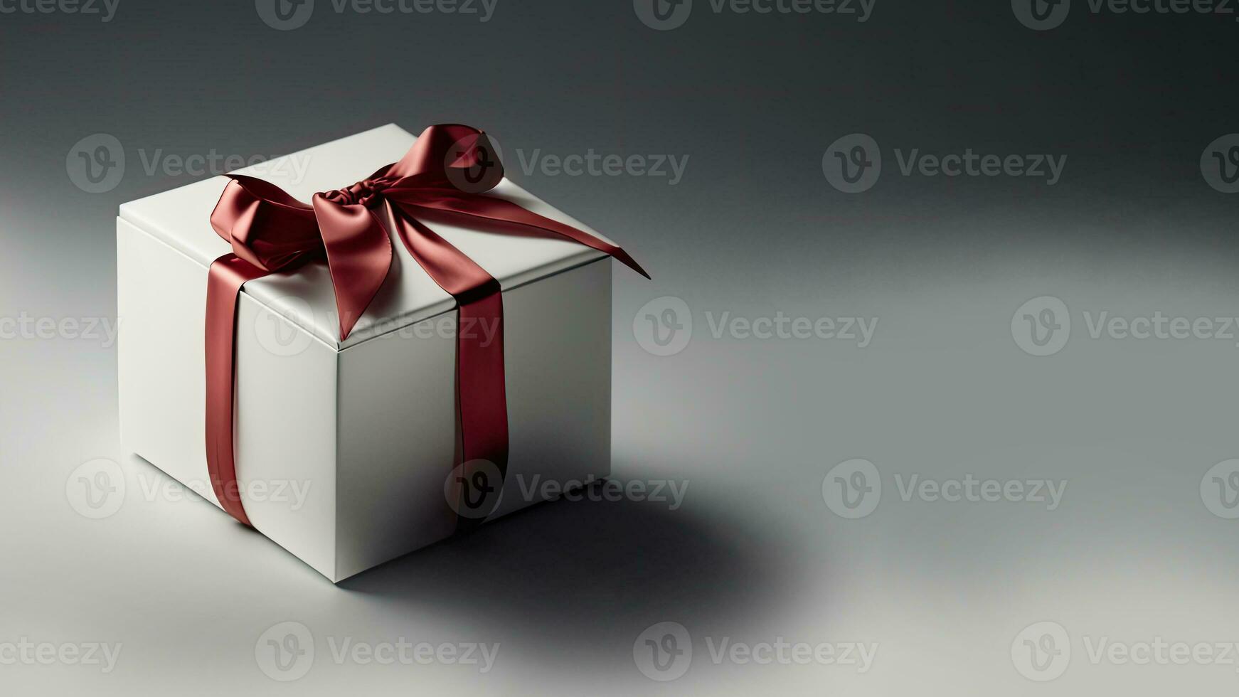 3D Render of Grey Gift Box With Red Silk Bow Ribbon And Copy Space. photo