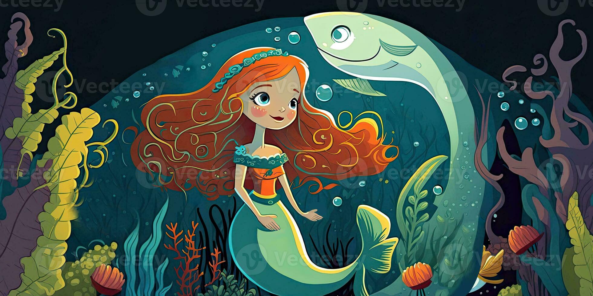 Vintage Water Color Wallpaper Colorful Mermaid, Fishes and Corals. AI-Generated, Digital Illustration. photo