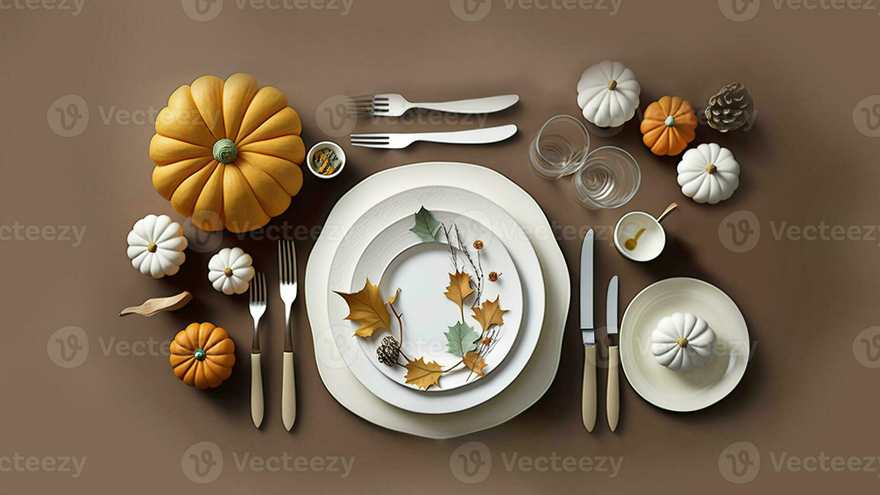 Top View of Autumn Or Thanksgiving Dining Table Decoration. 3D Render. photo