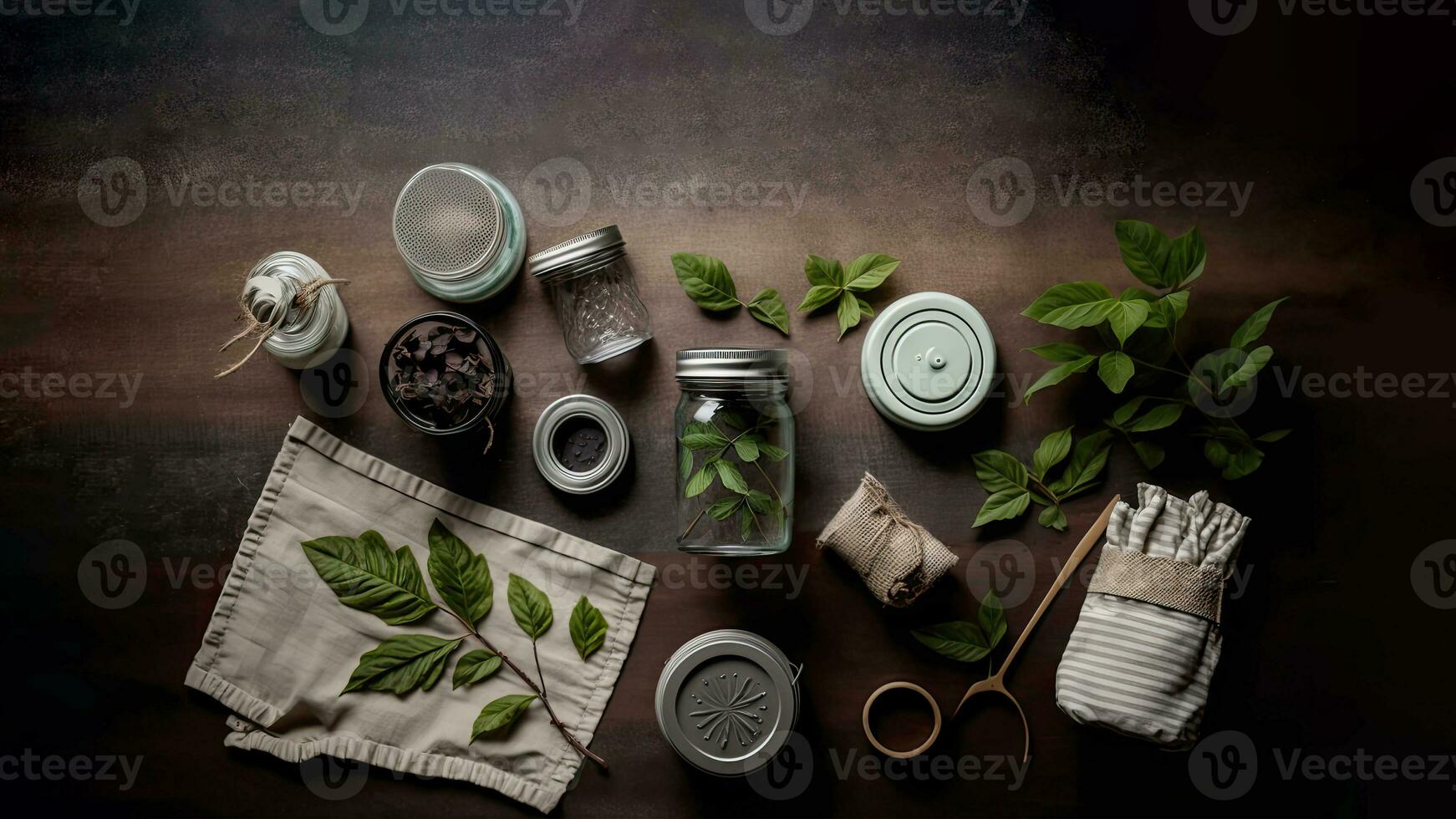 Top View Of Herbal Treatment Or Spa Composition With Green Leaves, Jar And Cloth On Brown Texture Background. 3D Rendering, photo