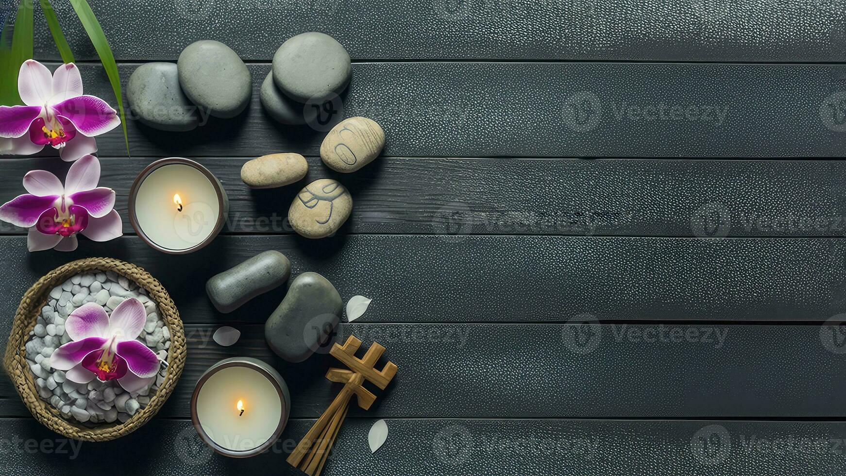 Spa Composition of Candles, Orchids And Stones On Grey Wooden Background. 3D Rendering. photo