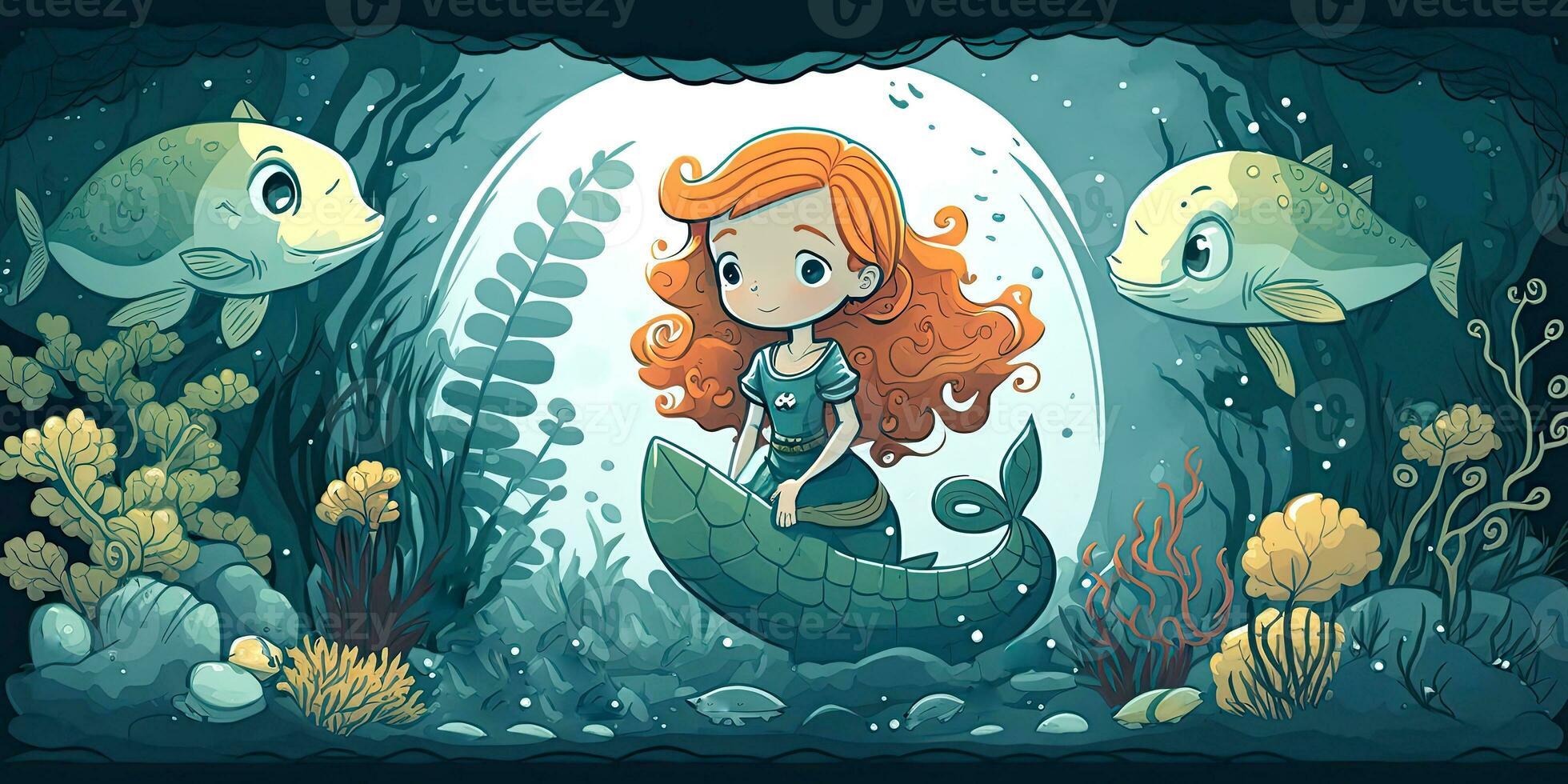 Clásico agua color fondo de pantalla vistoso sirena, peces y corales generado por ai, digital ilustración. foto