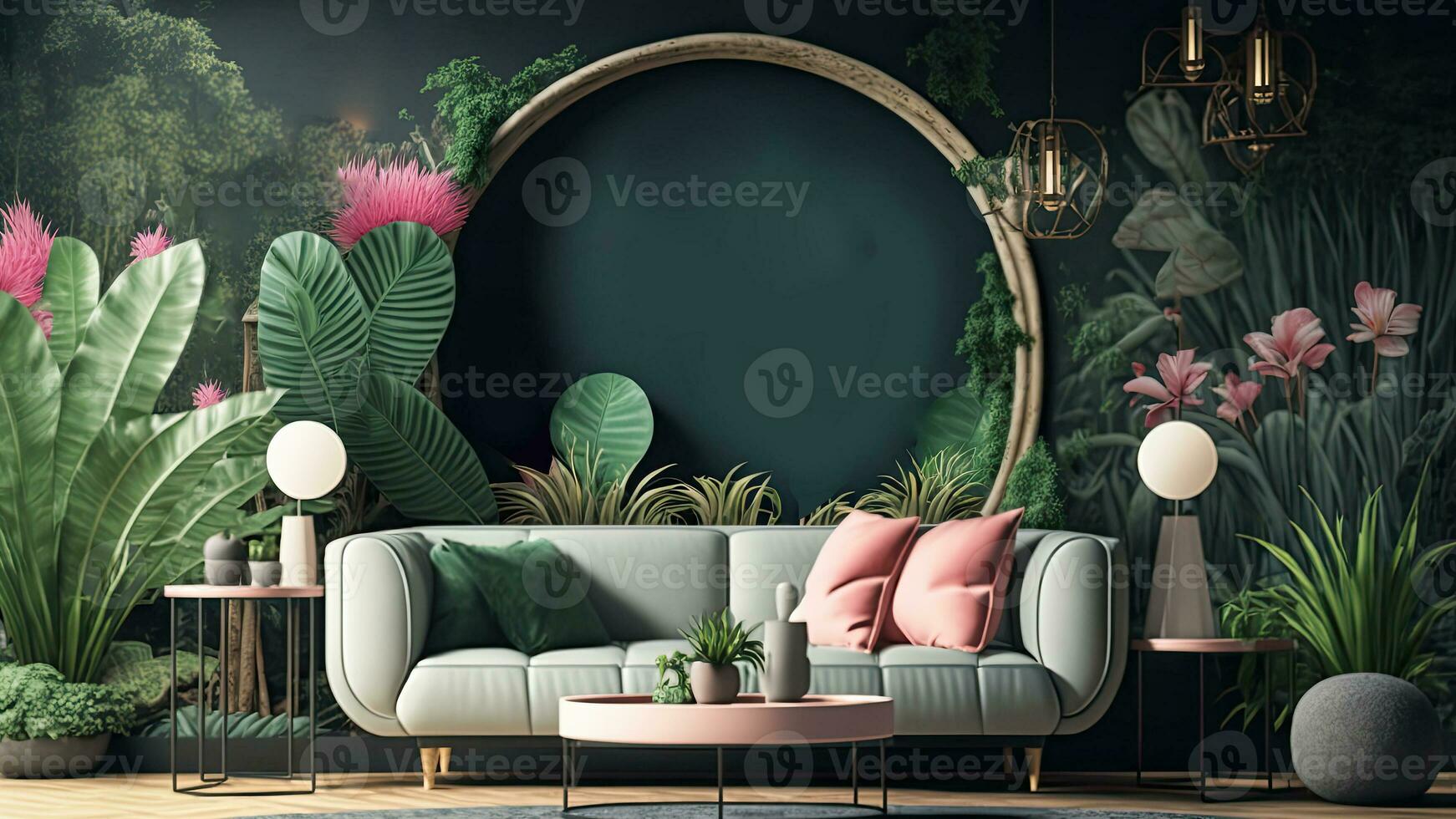 Tropical Interior Background With Sofa, Circular Frame And Light Lamps. 3D Rendering. photo