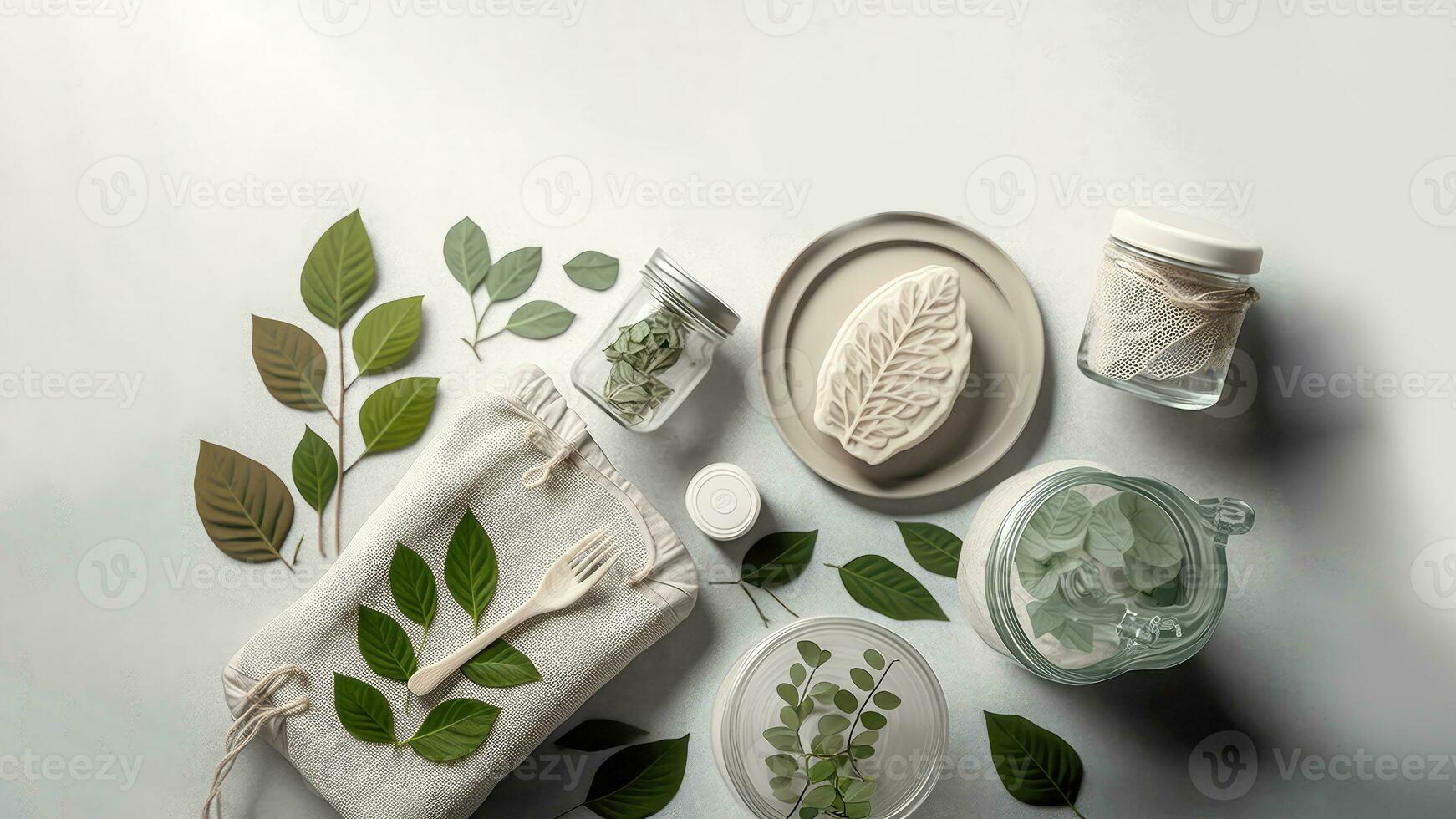 Top View of Ayurvedic Treatment Or Spa Ingredients With Leaves And Jar On Grey Background. 3D Rendering. photo