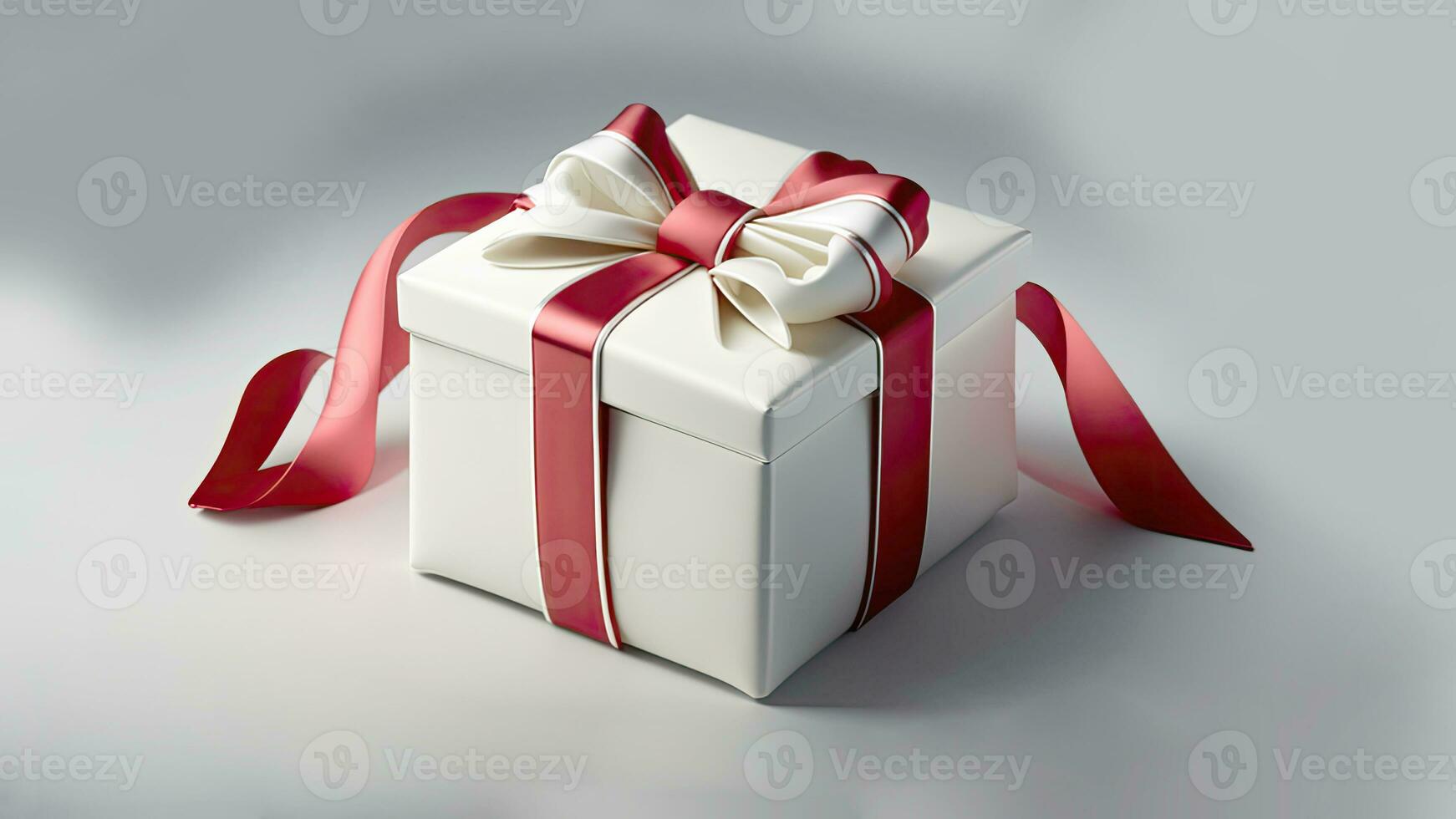 3D Render of White Gift Box With Red Silk Bow Ribbon On Grey Background And Copy Space. photo