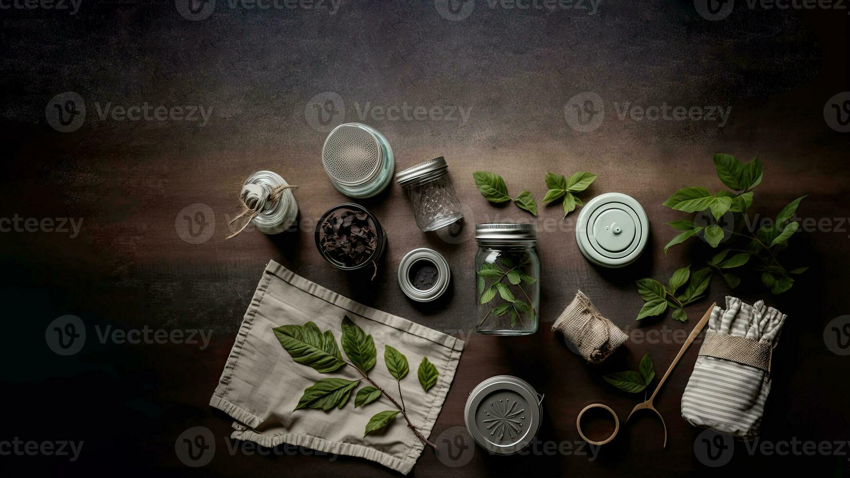 Top View Of Herbal Treatment Or Spa Composition With Green Leaves, Jar And Cloth On Brown Texture Background. 3D Rendering, photo