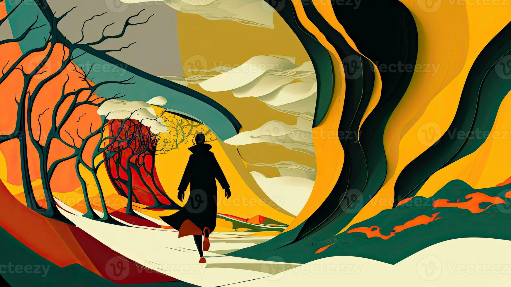 Man walking through the hills. Mountain Background. Surrealism Concept. photo