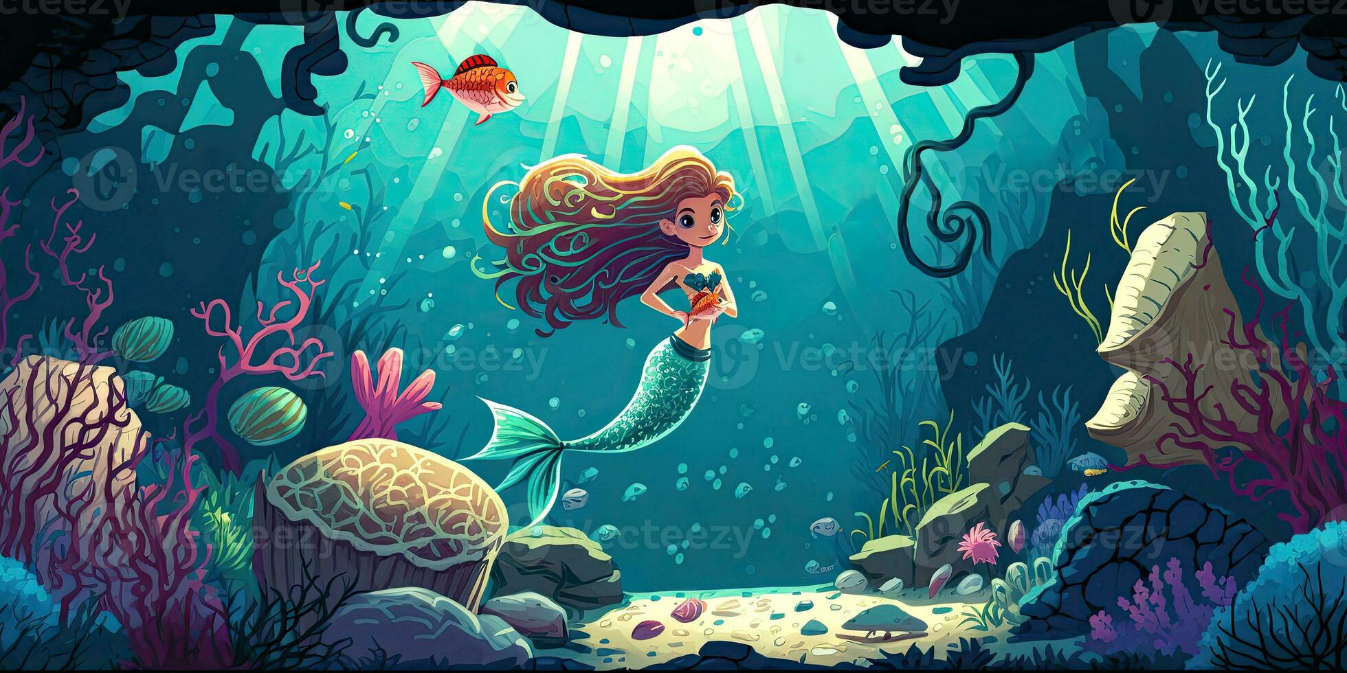 Clásico agua color fondo de pantalla vistoso sirena, peces y corales generado por ai, digital ilustración. foto